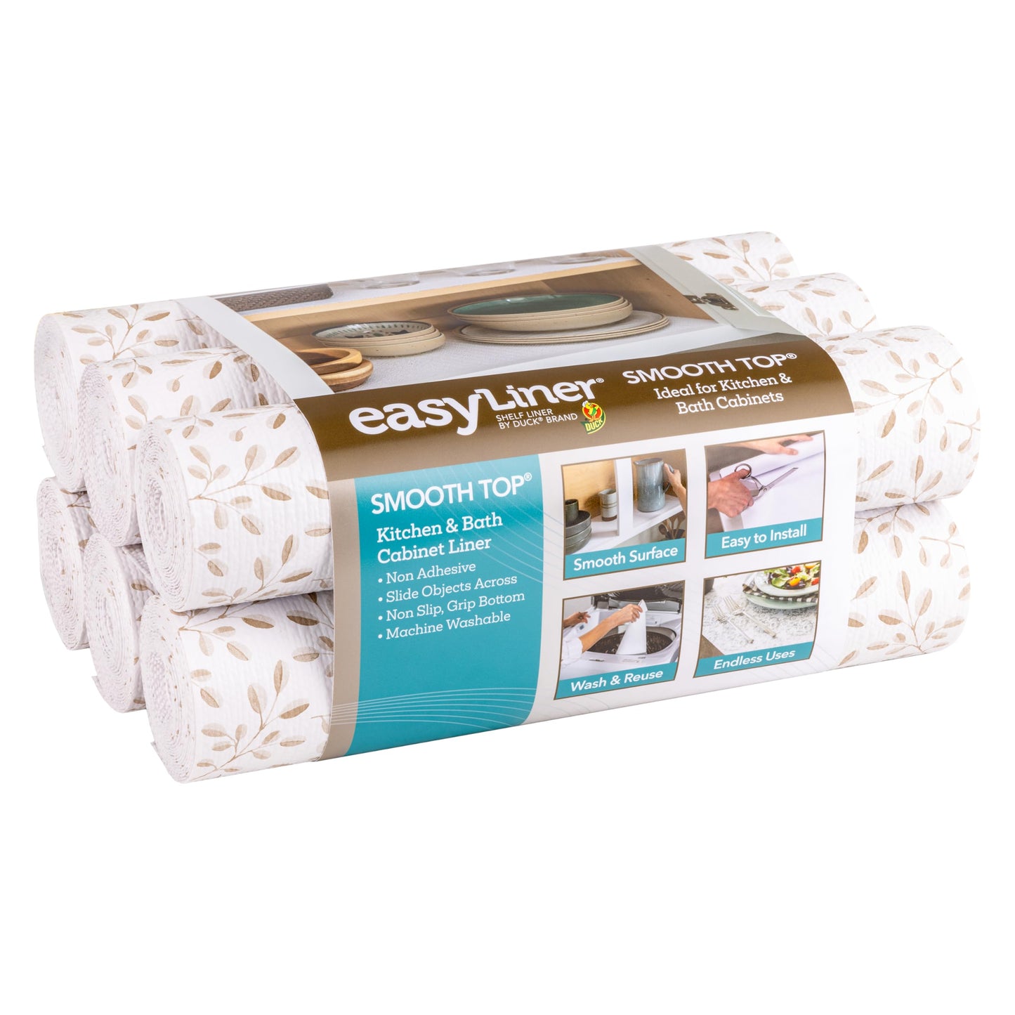 Smooth Top EasyLiner for Cabinets & Drawers, Easy to Install, Shelf Paper & Drawer Liner Non Adhesive, Non Slip Shelf Liner for Pantry, Kitchen Essentials, 12 in x 10 ft (6 Pack), 60 ft, Taupe Buds
