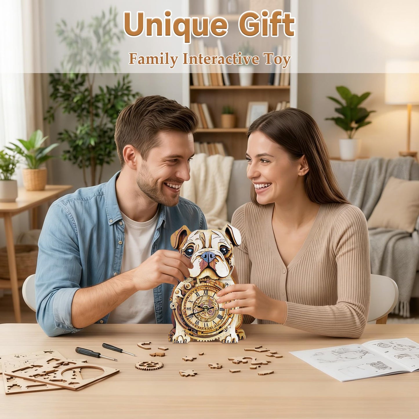 Kosmickiss Wooden Models for Adults to Build-Bulldog Clock with Swinging-3D Wooden Puzzles for Adults-Dog Mom Gifts for Women-DIY Clock Kit
