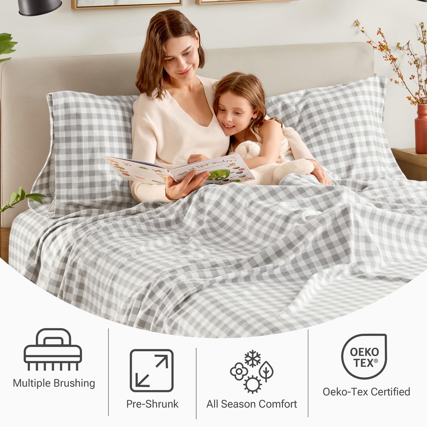 Sleep Philosophy True North 100% Cotton Flannel Sheets Twin Size, Cozy Flannel Sheet Set Brushed for Extra Softness, Heavyweight Novelty Print Warm Flannel Bedding Set, Gray Herringbone Check 3 Piece