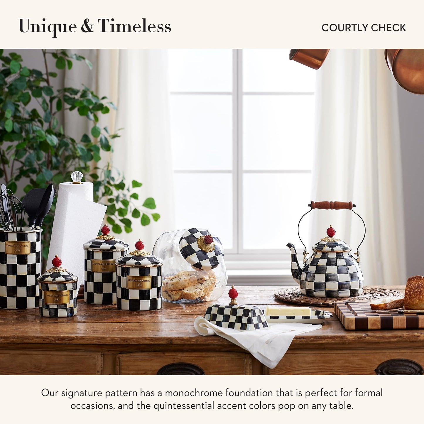 MACKENZIE-CHILDS Cookie Jar with Enamel Lid, Large Glass Treat Jar or Kitchen Jar, 1-Gallon Capacity, Black-and-White Courtly Check