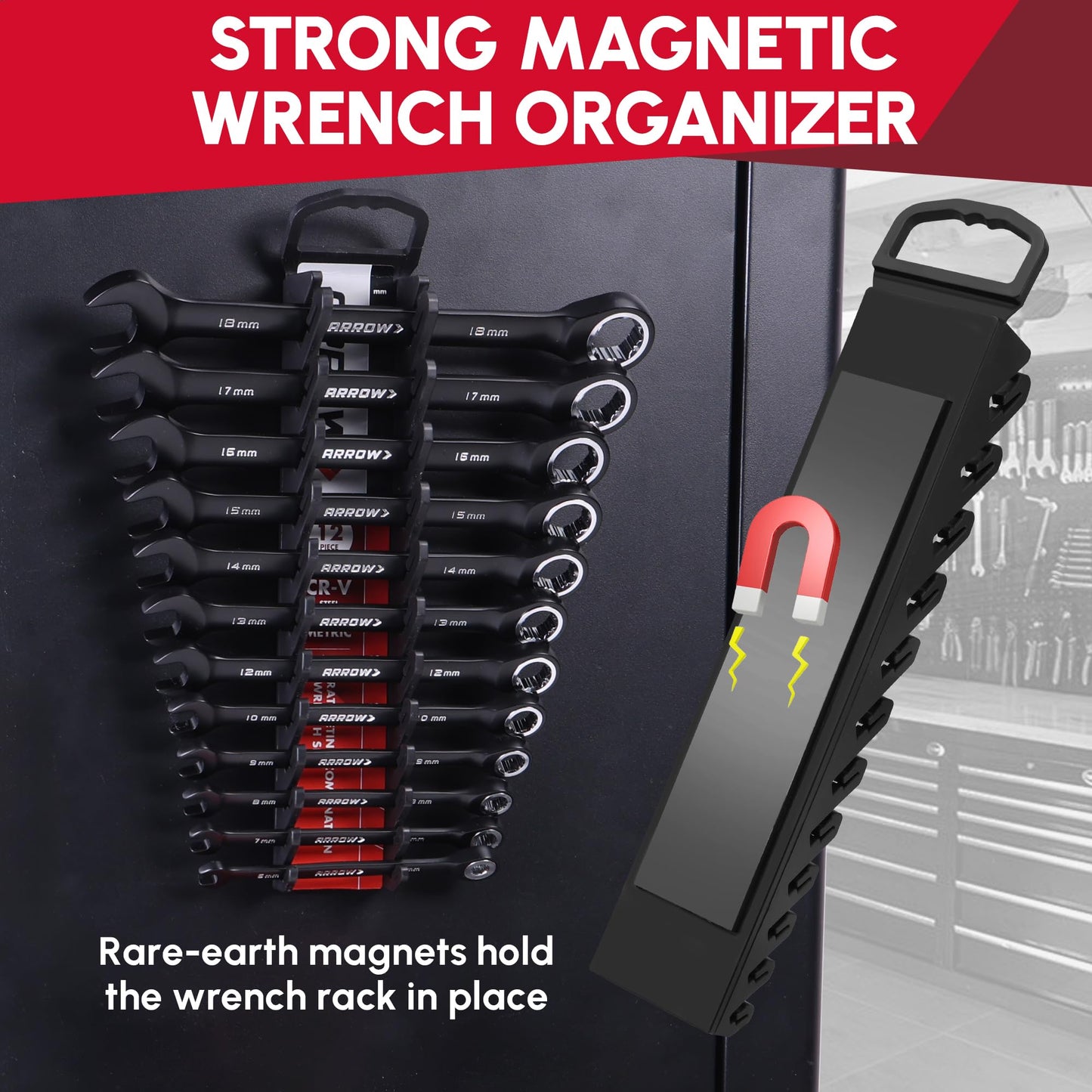ARROW 12PCS Metric Ratcheting Wrench Set, Anti-Slip 6-18mm Combination Ratchet Wrench Set with Black Magnetic Tool Holder, Premium CRV Material, 72-Teeth, Corrosion-Resistant, Easy to Carry & Store