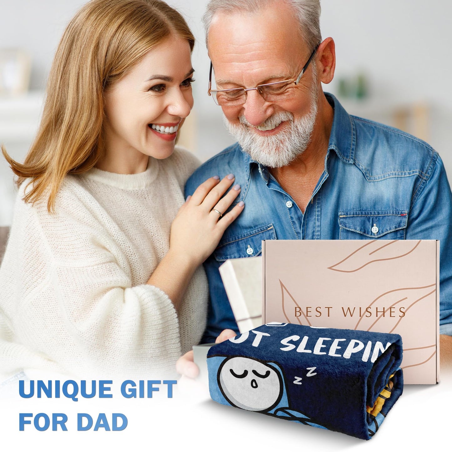 GoMelley Funny Fathers Day Birthday Gift for Dad Husband, Dad is Not Sleeping Blanket, Dads Gifts from Daughter Son, Super Soft Throws Blanket for Couch and Napping, 60" x 80" (Blue)
