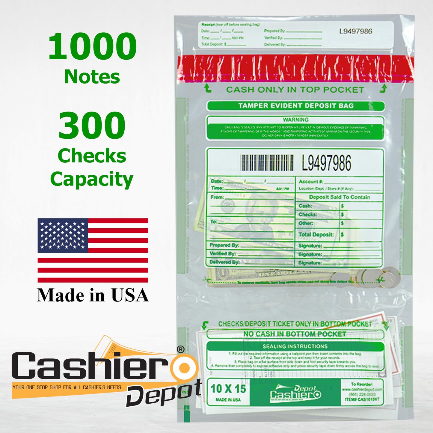 100 Cashier Depot Tamper Evident Bank Deposit Bags, 10" x 15" Clear, Twin Pockets, Serialized Numbering, Barcode, Press & Seal Void Closure Tape