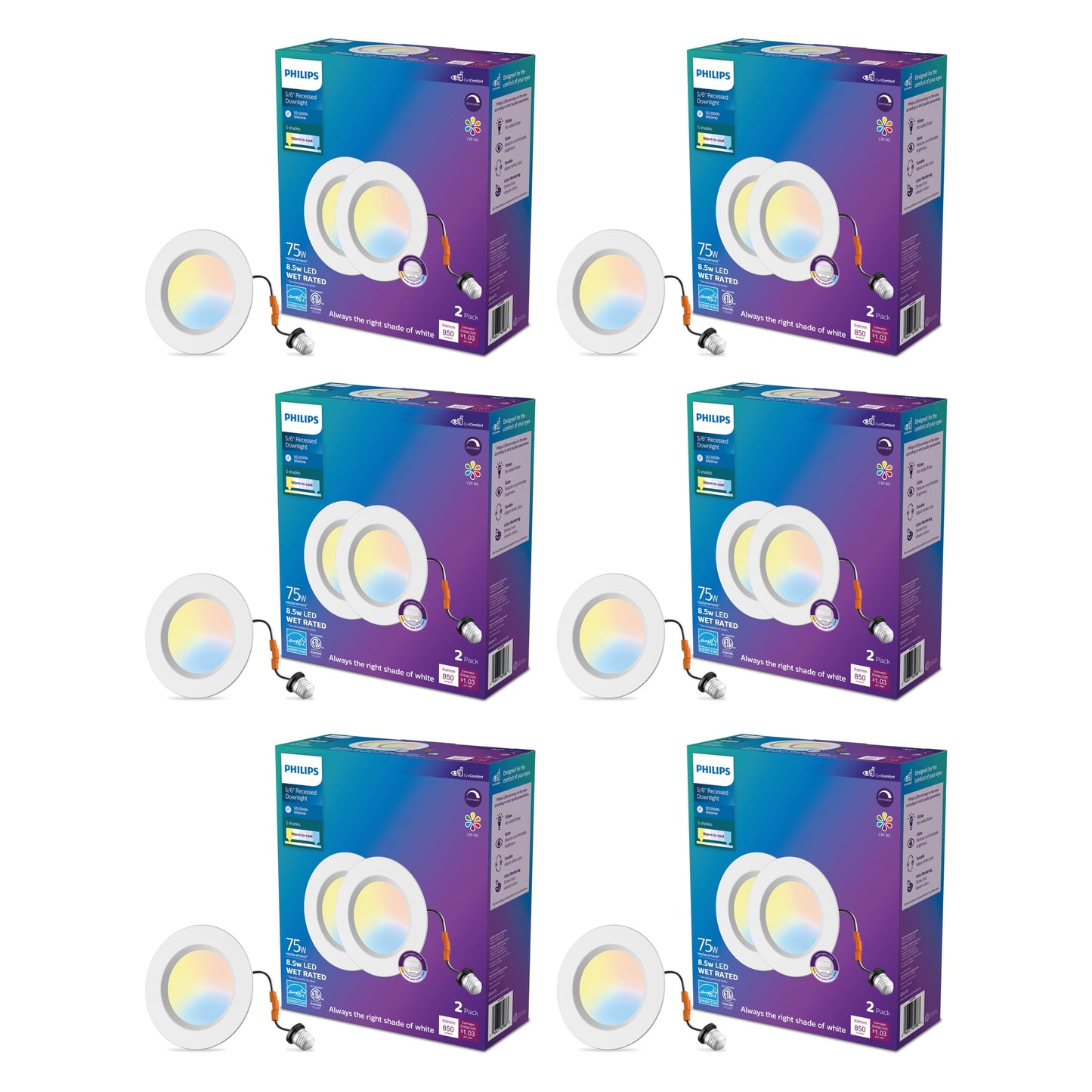 Philips LED Retrofit Downlight, 12 Lights, 5/6-inch, EyeComfort, Easy to Install, 5 CCT Settings, Soft White Light to Daylight, Dimmable, IC Rated, Long Lifetime, CRI 90
