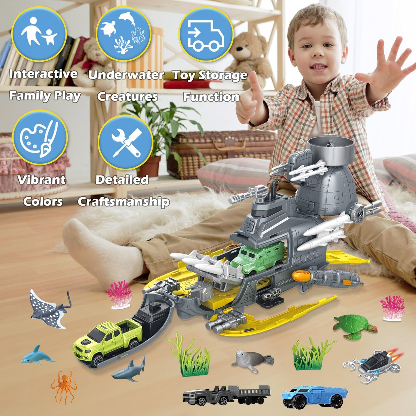 Frontoytall Deep Sea Creatures & Submarine Toy, Ocean Animal Toys with Truck Cars, 23 Piece Educational Playset for Kids Ages 3+ Years Old, Indoor & Outdoor Play, Preschool Learning for Boys Girls
