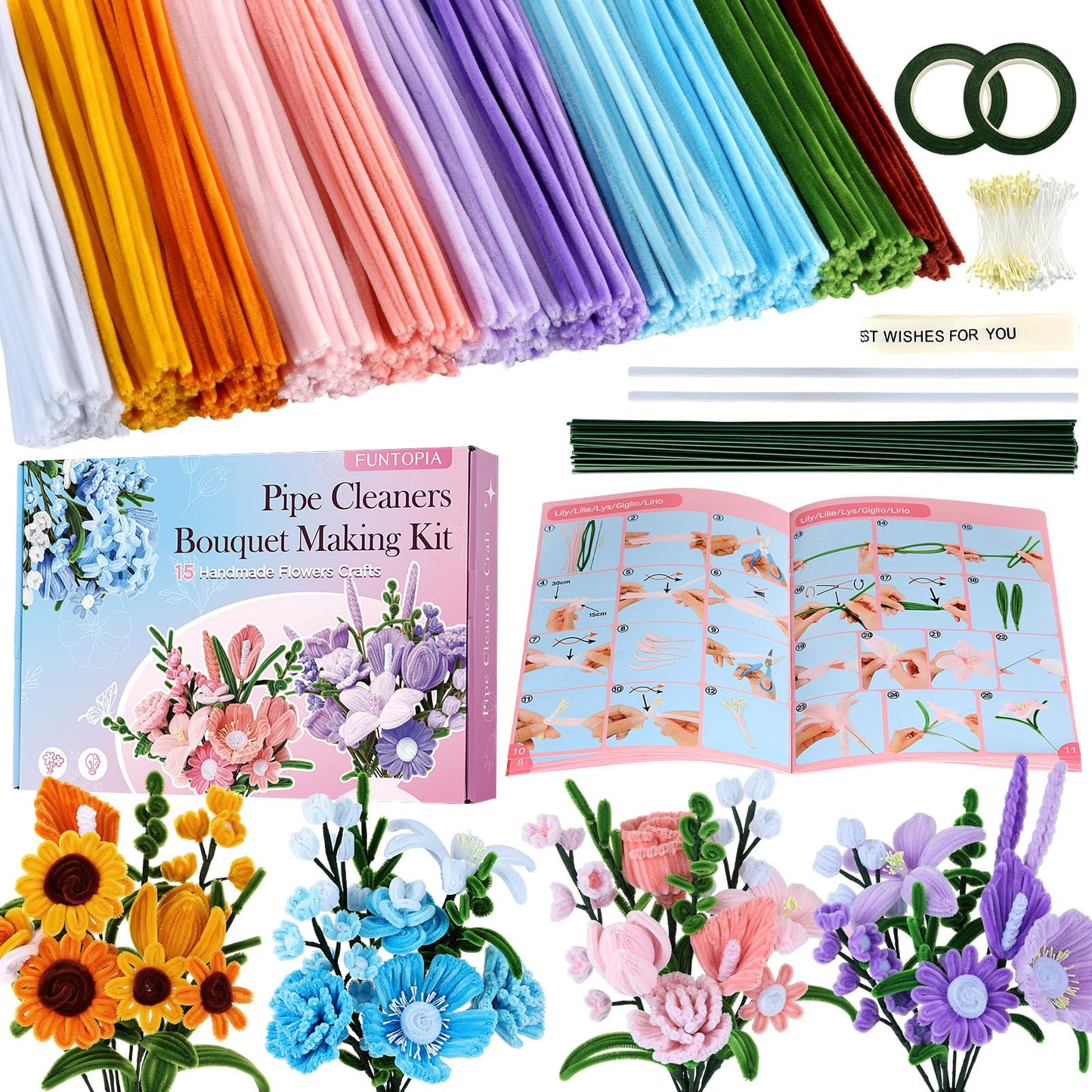 540Pcs Pipe Cleaner Flower Kit, Pipe Cleaners Craft with 15 Designs Guiding Book, Flower Making Kit with Chenille Stems & Floral Wires, Mothers Day Birthday Gift for Mom Women Her (Multicolor, 30cm x 7mm)