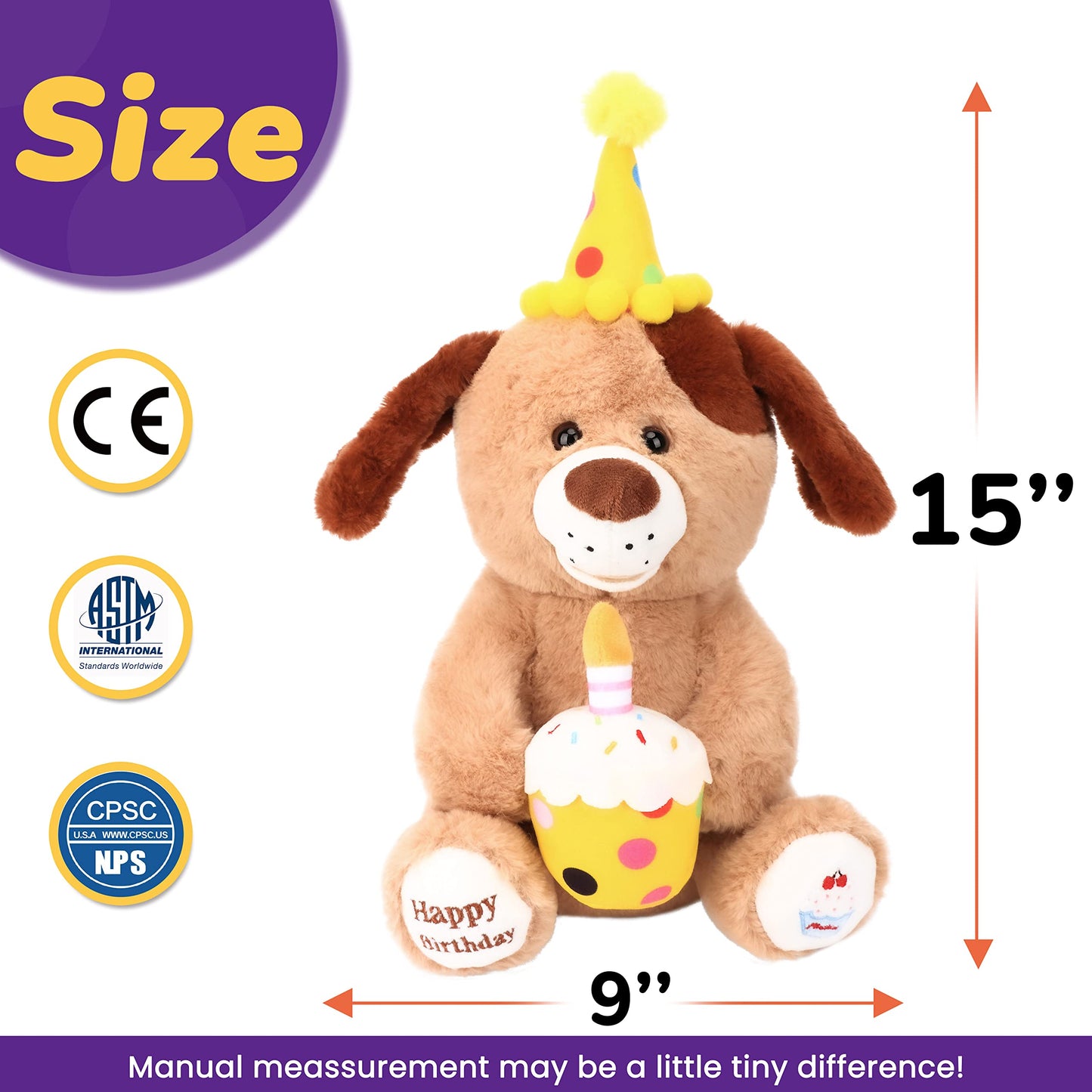 Hopearl Adorable Happy Birthday Dog with Glowing Cupcake Musical Stuffed Animal Puppy Singing and Shaking Plush Toy Interactive Animated Kids Gift, Brown, 15''