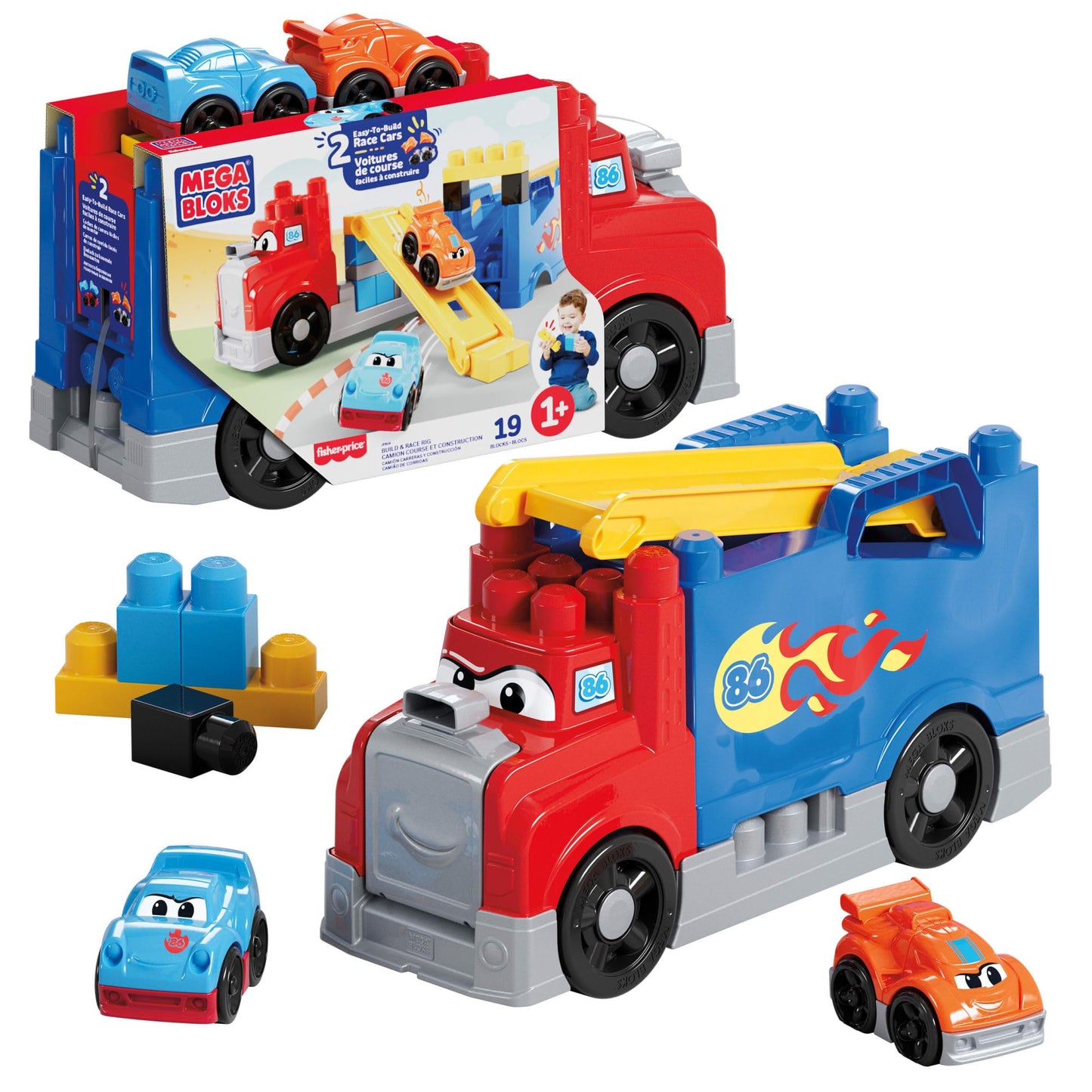 MEGA BLOKS First Builders Toddler Building Blocks Toy Set, Build & Race Rig with 19 Pieces, 2 Race Cars and Storage, Red, Ages 1+ Years