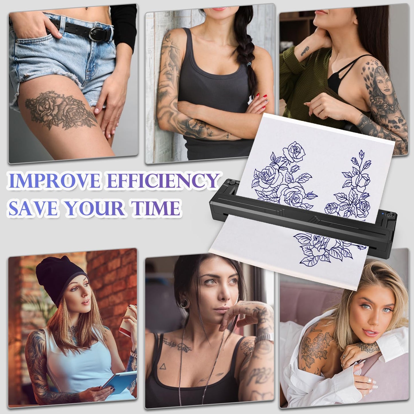 Sacnahe Wireless Tattoo Stencil Printer, Portable Bluetooth Thermal Tattoo Printer with App Custom-Size≤ A4, Print Realistic Portraits, 10 Transfer Papers, Works for Phone/Tablet/PC (Black)
