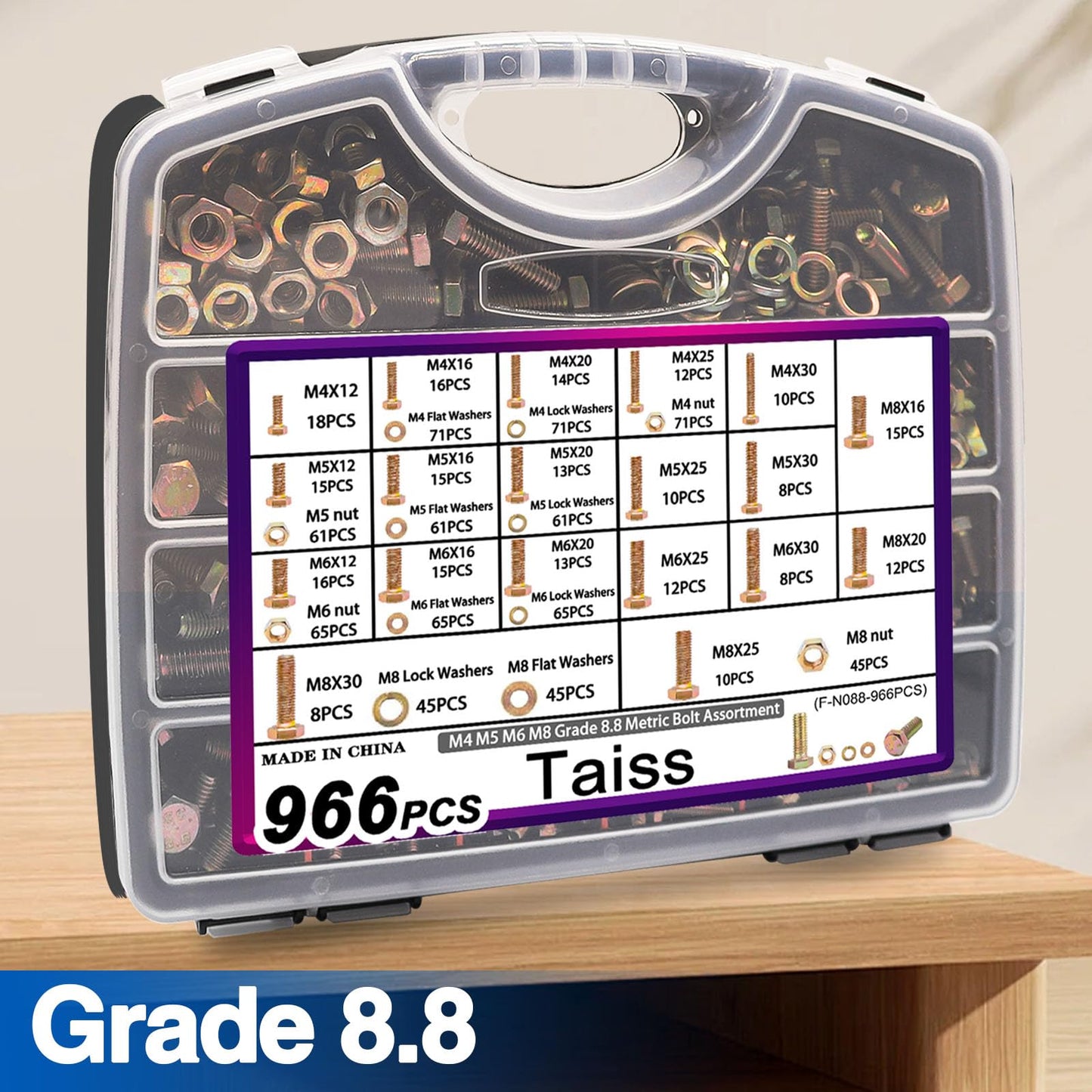 Taiss 966pcs Grade 8.8 Metric Bolt Assortment,Metric Bolts and Nuts Assortment,Bolt Kit M4 M5 M6 M8(12-30mm) Heavy Duty Hex Bolts and Nuts Kit Flat/Lock Washer Yellow Zinc Plated,with Handheld Box