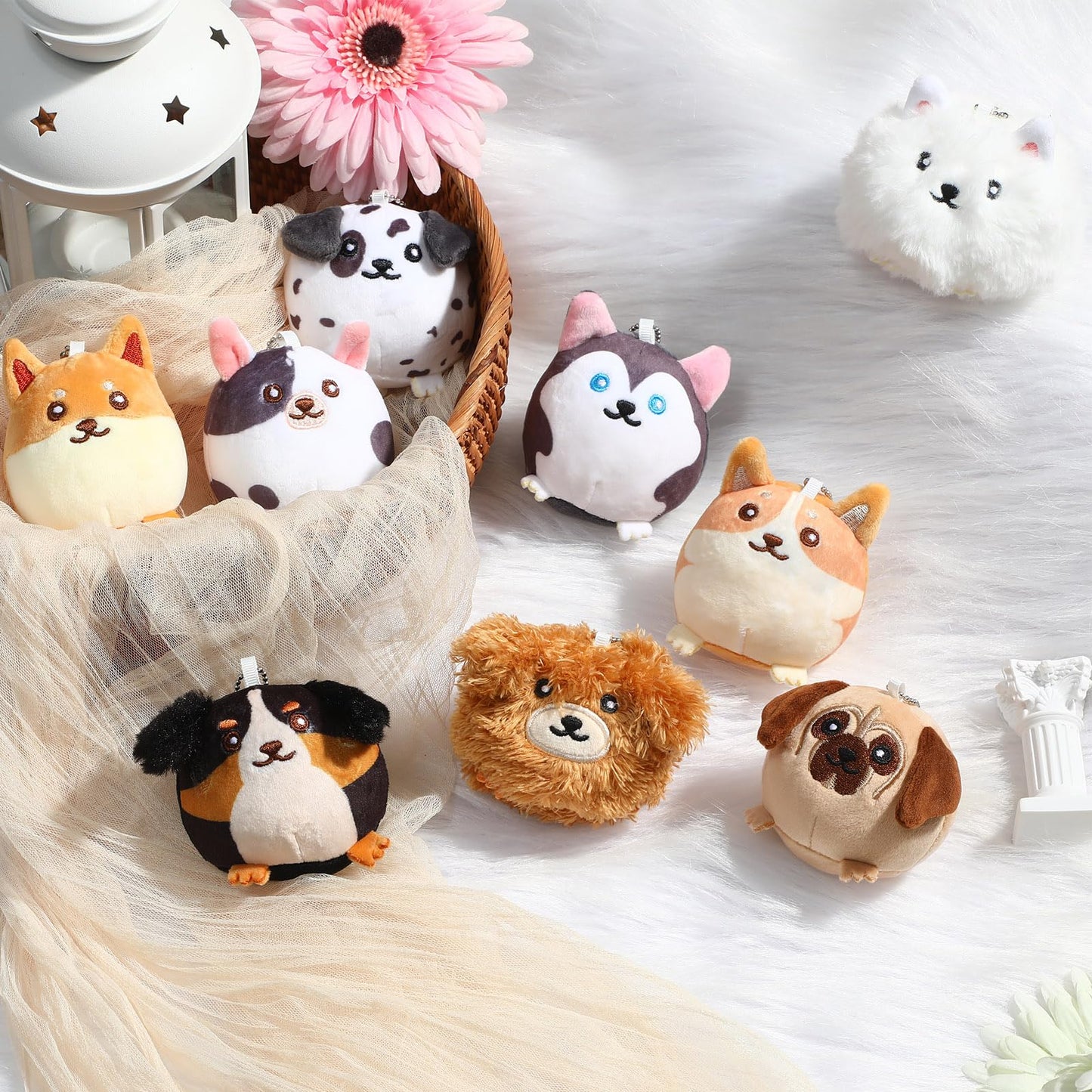 Halloscume 18 Pcs Mini Stuffed Animals Bulk Small Plush Cat Puppy 3.15 Inch Kitten Dog Toys Keychains Set for Easter Gifts Basket Stuffers Egg Fillers School Classroom Prizes Party Favors