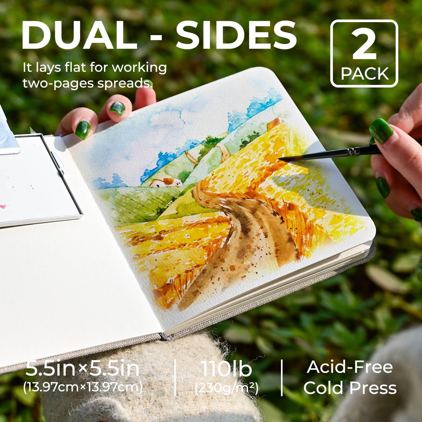 Funto Watercolor Journal, Square, Dual-Sided Cold-Pressed Paper, 5.5" x 5.5", Portable 2-Pack, 48 Pages Each, Gray Cover with Elastic Band, 110 lb/230gsm, Art Supplies for Mixed Media