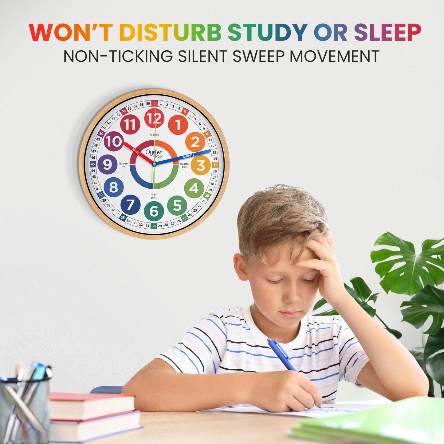 Oyster&Pop Kids Clock - Silent 14" Analog Learning Wall Clocks - Award-Winning Telling Time Teaching Clock for Kids - Large for Classrooms Homeschool & Bedrooms - Includes eBook