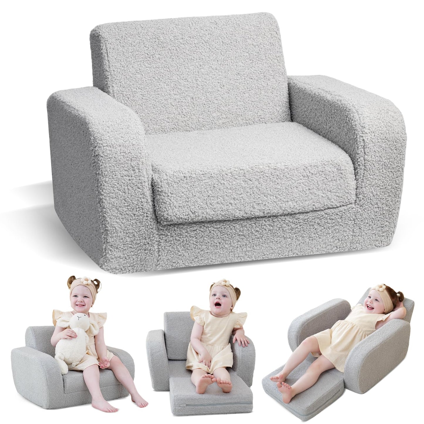 KidBloom 3-in-1 Toddler Couch, Toddler Chairs Comfy 2-3 Years Old, Kids Couch Bed Fold Out, Gifts for 2 3 Year Old Girls Boys