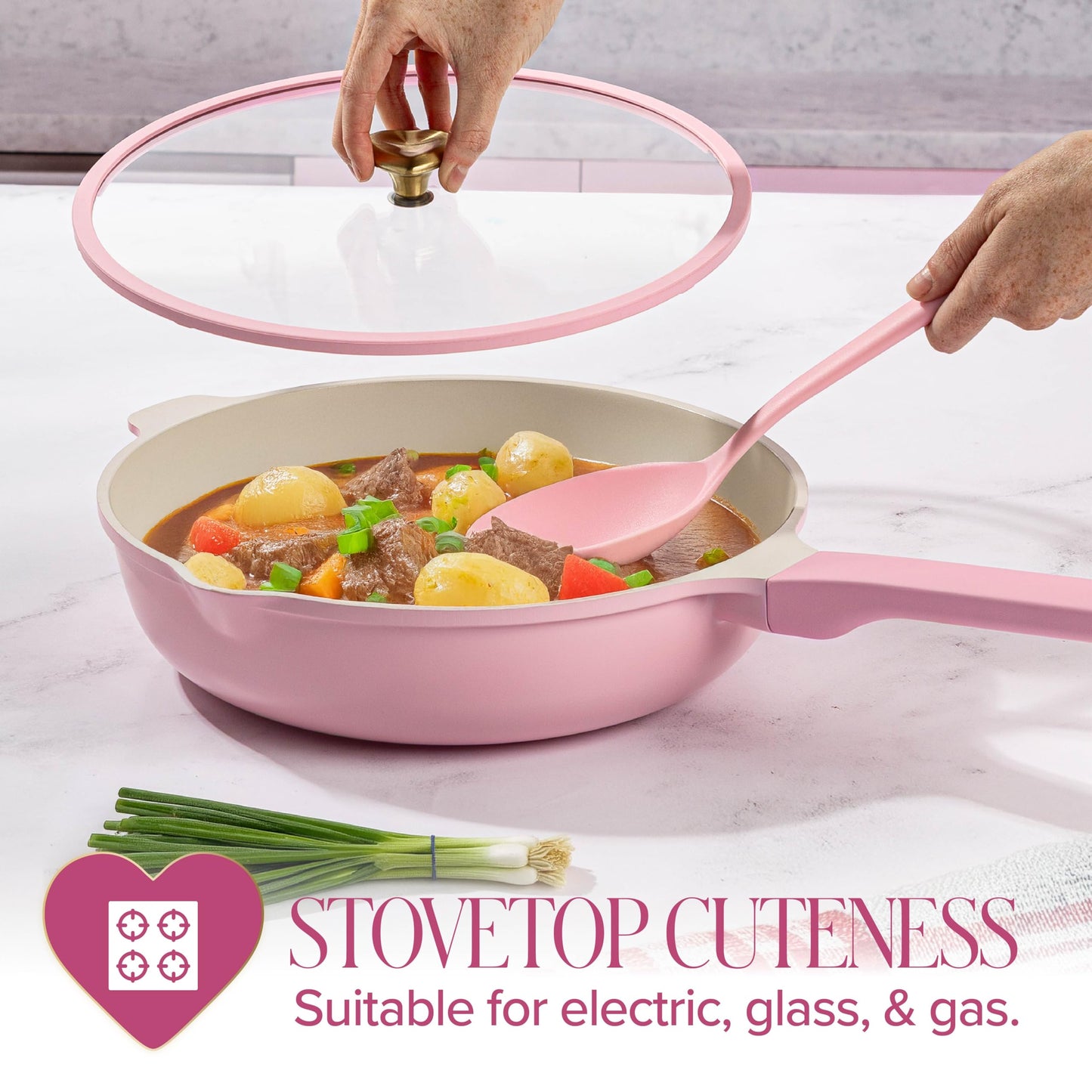 Paris Hilton Jumbo Sauté Pan with Lid, Cast Aluminum Cookware with Ceramic Nonstick Coating Made Without PFAS, PFOA, PFOS & PTFE, 4-Quart, Pink