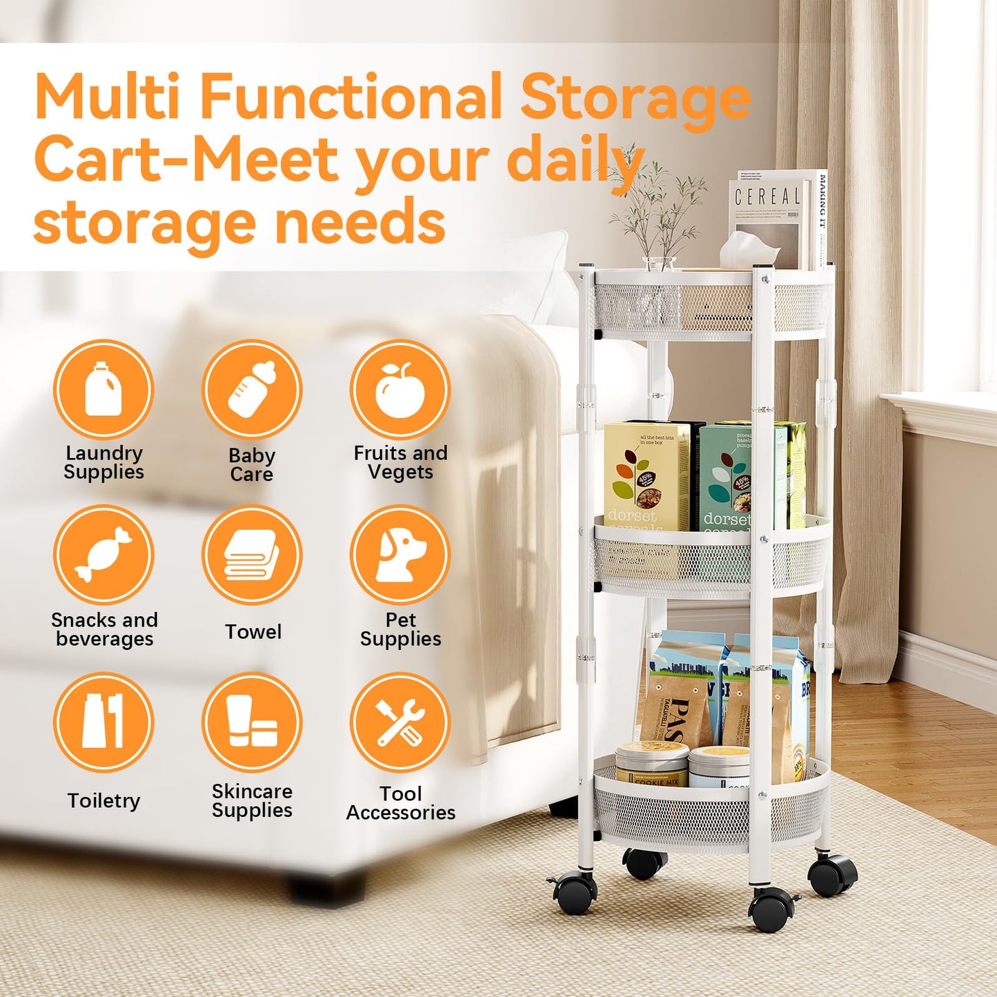 TOOLF 3-Tier Foldable Rolling Cart, Collapsible Metal Utility Cart with Wheels, No Assemble, Multifunction Storage Organizer Trolley for Kitchen, Bathroom, Dorm, Nursery, White