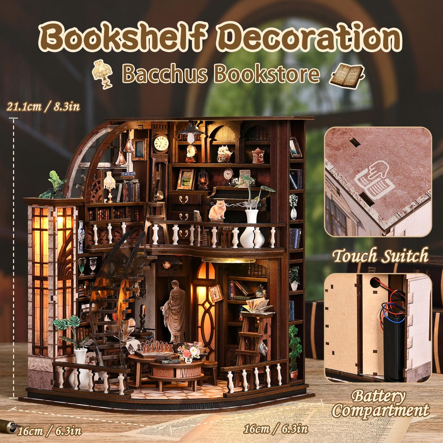 obzergem Book Nook Kit (Bacchus Bookstore) DIY Miniature Wooden Puzzle, Vintage Book Room with LED Lighting, Book Nook Kits for Adults, Bookshelf Miniature, Birthday Presents