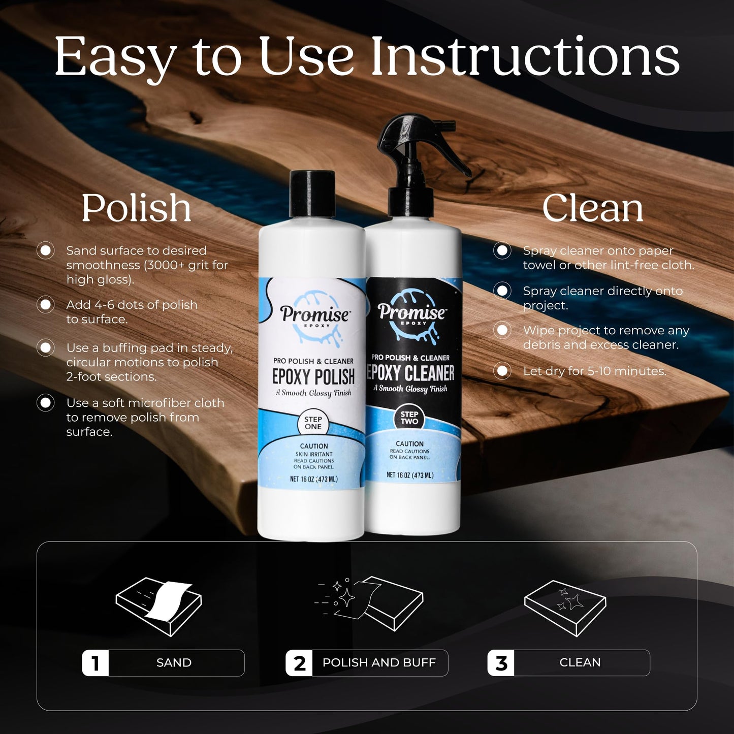 Promise Epoxy - 32 Ounce Kit of Pro Polish (16oz) and Cleaner (16oz), Specially Formulated for Epoxy Resin and High Gloss Finishes, Removes Scratches and Scuffs - Perfect for DIYers, Home Décor