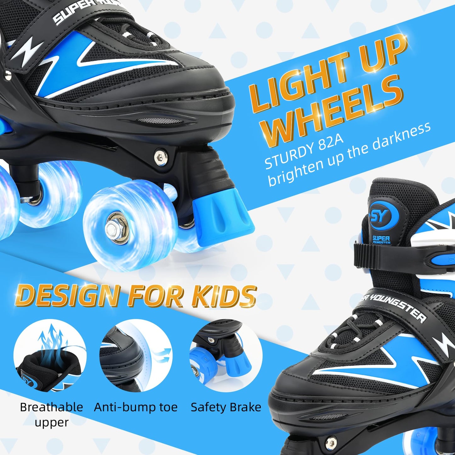 SUPER YOUNGSTER Adjustable Roller Skates Boys Kids Ages 5-8 8-12 Roller Skates Girls with Light up Wheels, Fun Rollerskate for Youth Toddlers