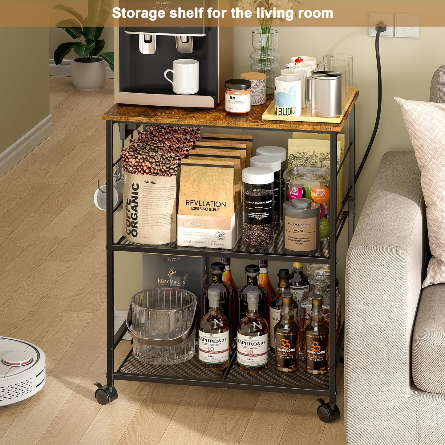 ThreeHio Rolling Kitchen Microwave Cart with Power Outlet, 3 Tier Microwave Table Stand with Storage, Kitchen Utility Cart on Wheels, Small Coffee Cart Shelf Rack Organizer for Living Room Office