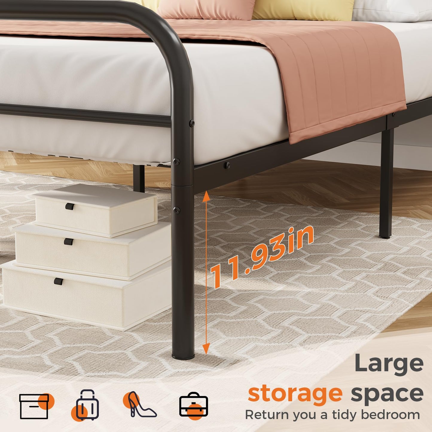 DUMOS Twin Bed Frame Metal Platform with 11.9" Under-Bed Storage, Heavy Duty Steel Slat Support and Iron-Art Headboard, No Box Spring Needed, Easy Assembly, Black