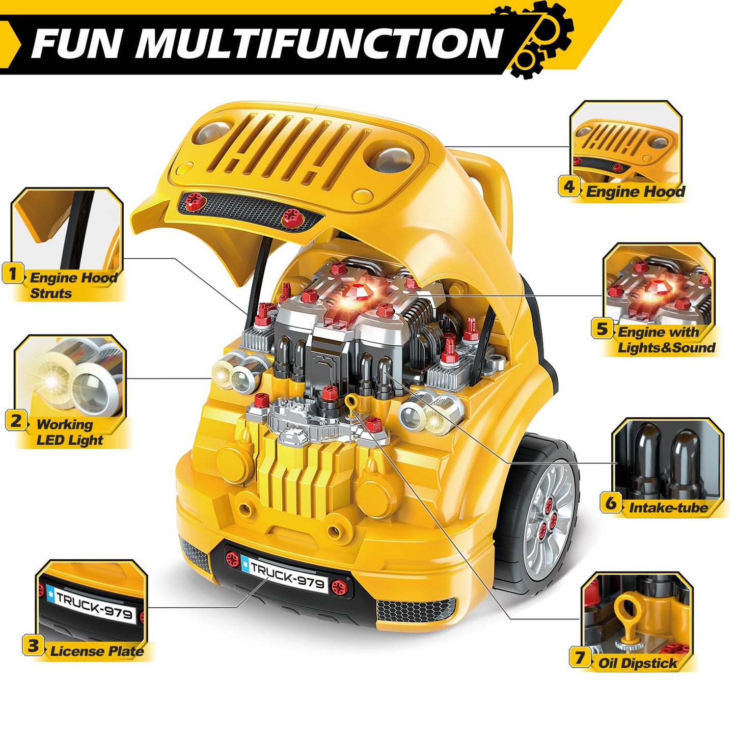 Jumlys Toys for 3, 4, 5, 6, 7, 8 Years Old Boys, Large Truck Engine Toys for Kids 3-5, 5-8 Years Old, Mechanic Repair Set for Boys, Big Truck Builder Kit, Ideal Christmas, Birthday Gifts