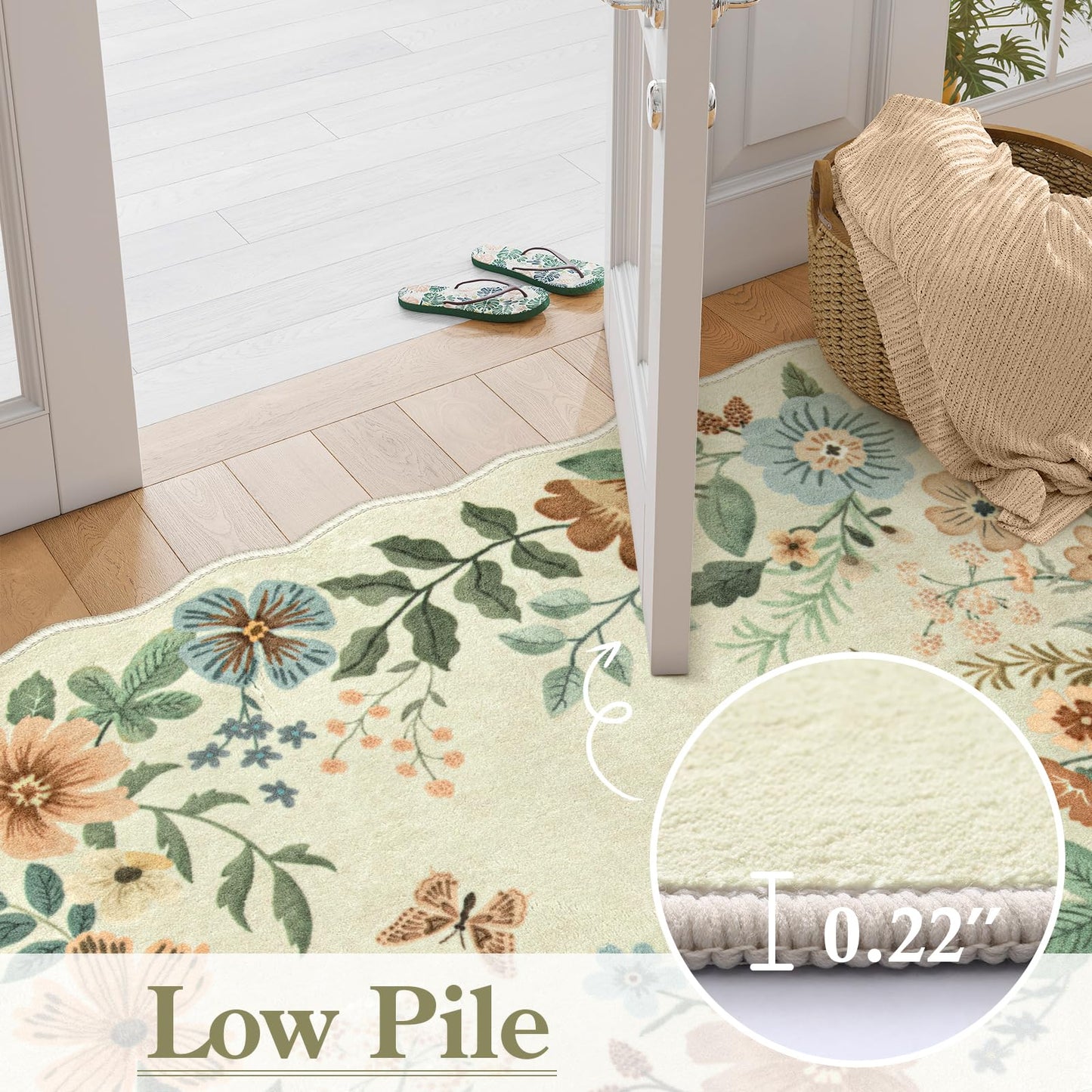 Lahome Floral Washable Round Area Rug, Soft Round Rugs 6ft Ultra-Thin Non-Slip, Boho Large Circle Carpet for Bedroom Living Room Kitchen Nursery, Beige