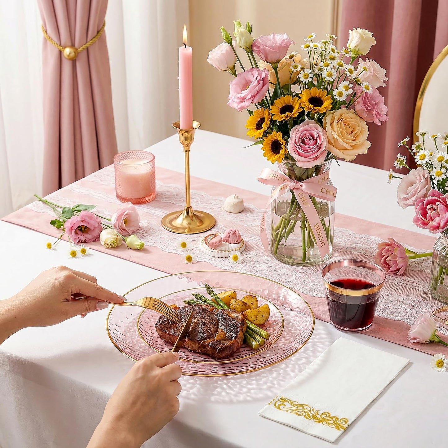 Rubtlamp 350 Pcs Clear Pink Plastic Plates, Pink Gold Plastic Dinnerware Set (50 Guests), Disposable Plates With Gold Rim, Hammered Party Plates Set for Wedding And Party