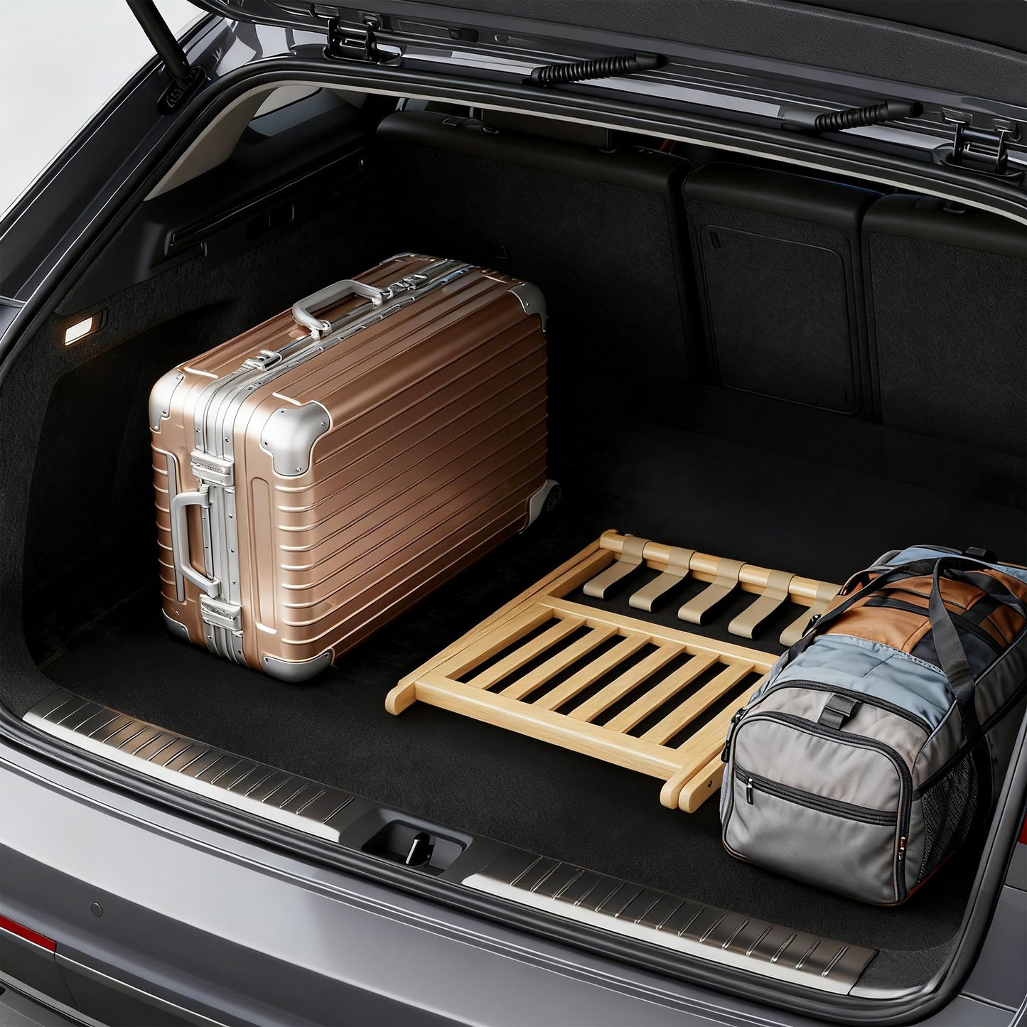 Oakvora Full Assembled 26.77"L Luggage Rack for Guest Room, Set of 1 Foldable Suitcase Stand with 5 Nylon Straps, Luggage Holder with Shoe Shelf for Suitcases, Hotel (Natural Wood Bamboo Luggage Stands)