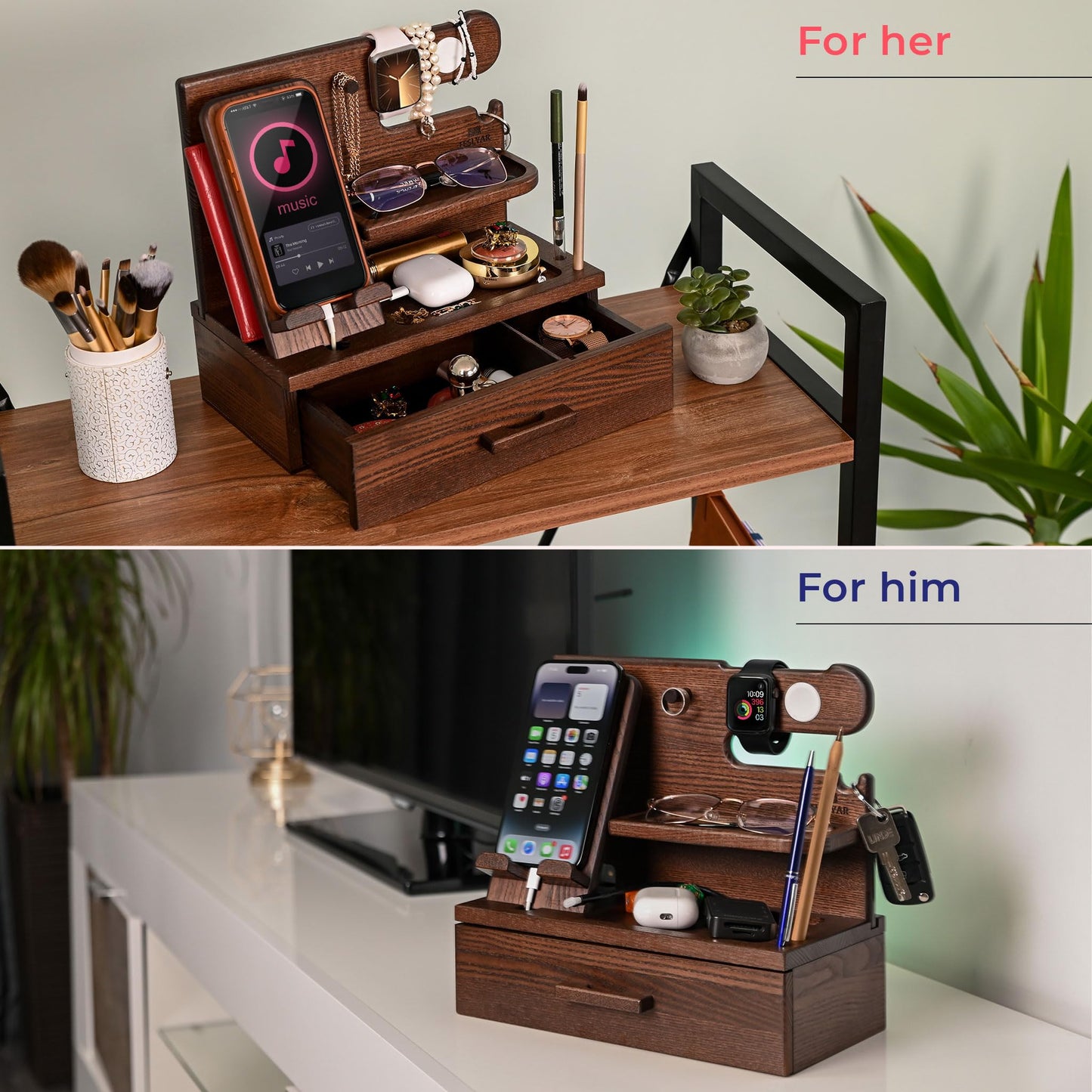 TESLYAR Wood Phone Docking Station with Drawer - Nightstand organizer- Desk Organizer for Husband - Birthday gifts for Men or Dad - Idea for Anniversary - Key Holder Stand Watch & Accessories (Brown)