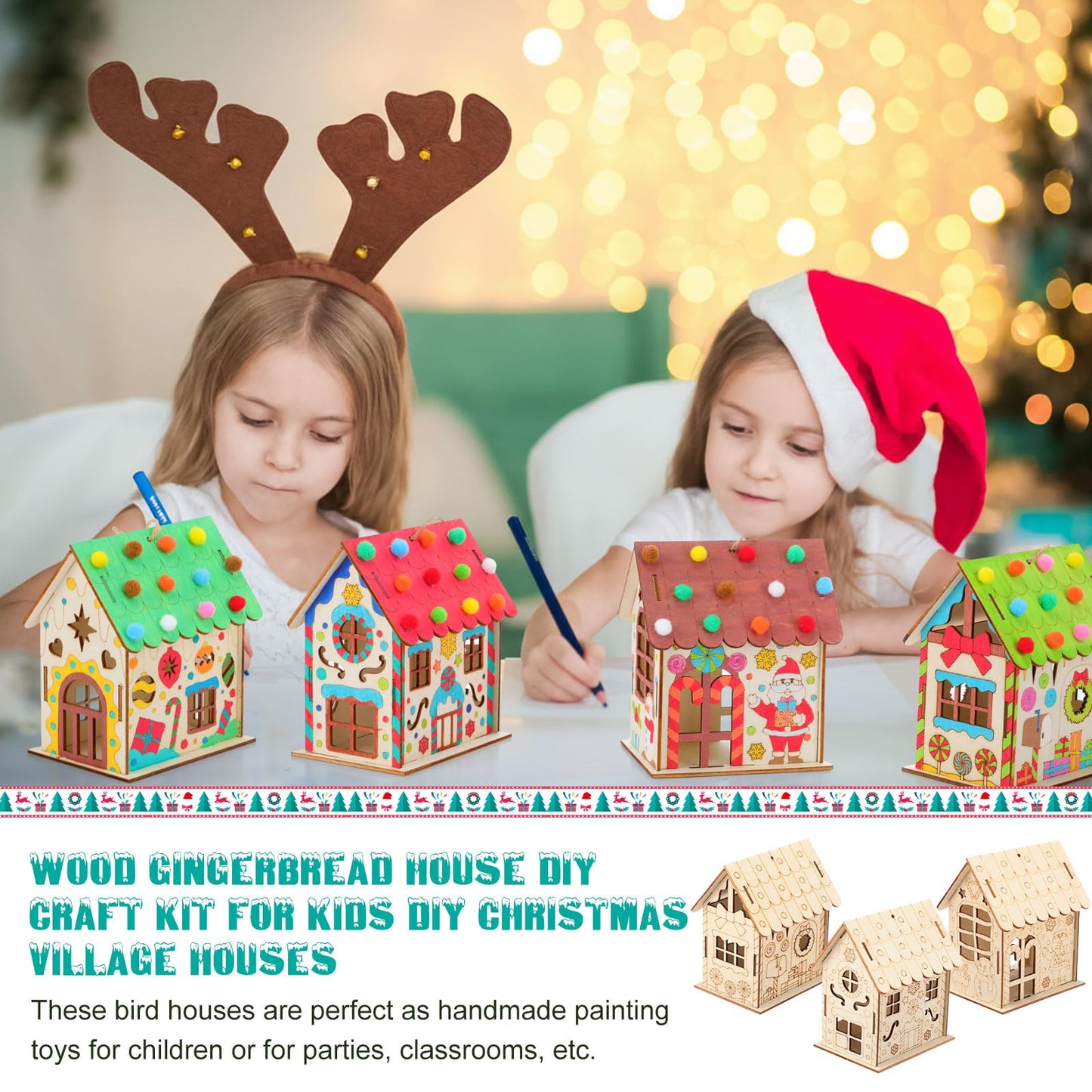 DoubleFill 36 Pcs Wood Gingerbread House Craft Kit for Kids DIY Wooden Christmas Birdhouse Craft Kits Holiday Village Houses Make a Gingerbread Wooden House for Xmas Party Game Supplies