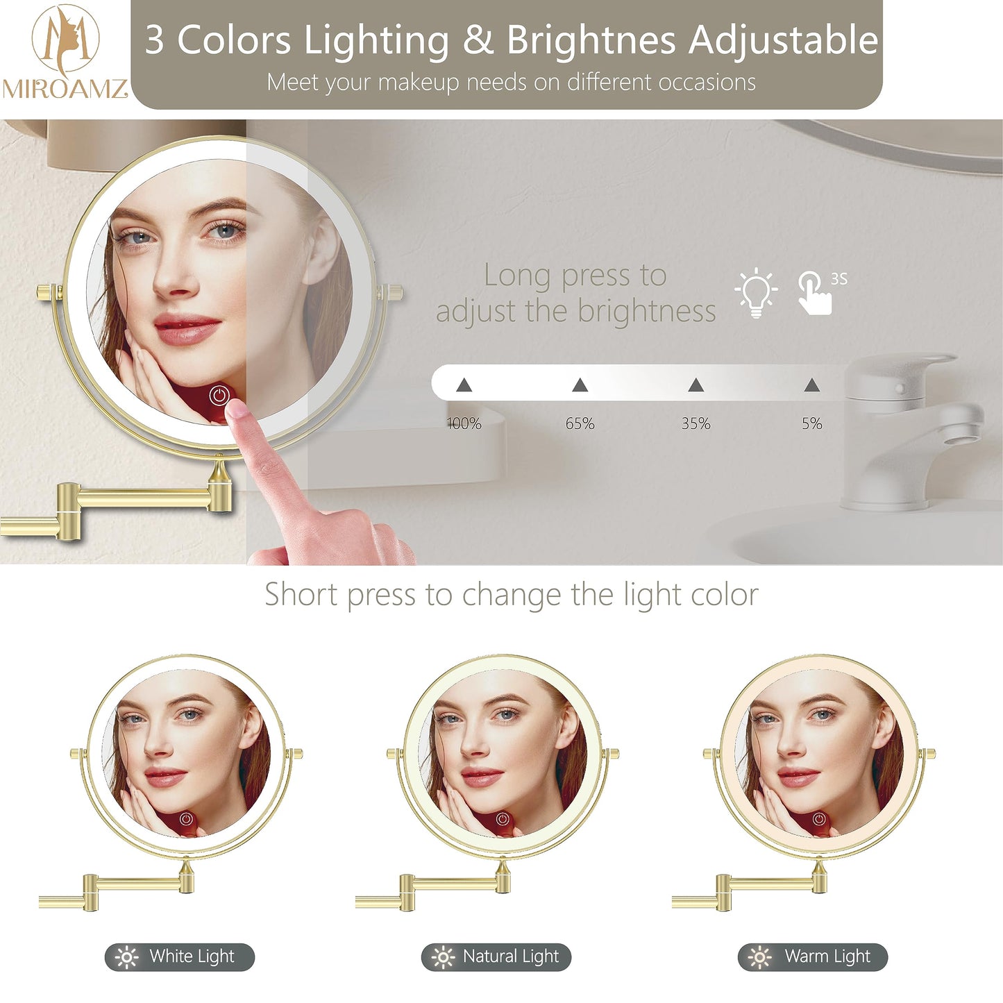 MIROAMZ Rechargeable Wall Mounted Lighted Makeup Vanity Mirror 8 Inch Double Sided 1X 10X Magnifying Bathroom Mirror, 3 Color Lighting, Touch Screen Dimming, 360 Rotation Shaving Mirror Gold