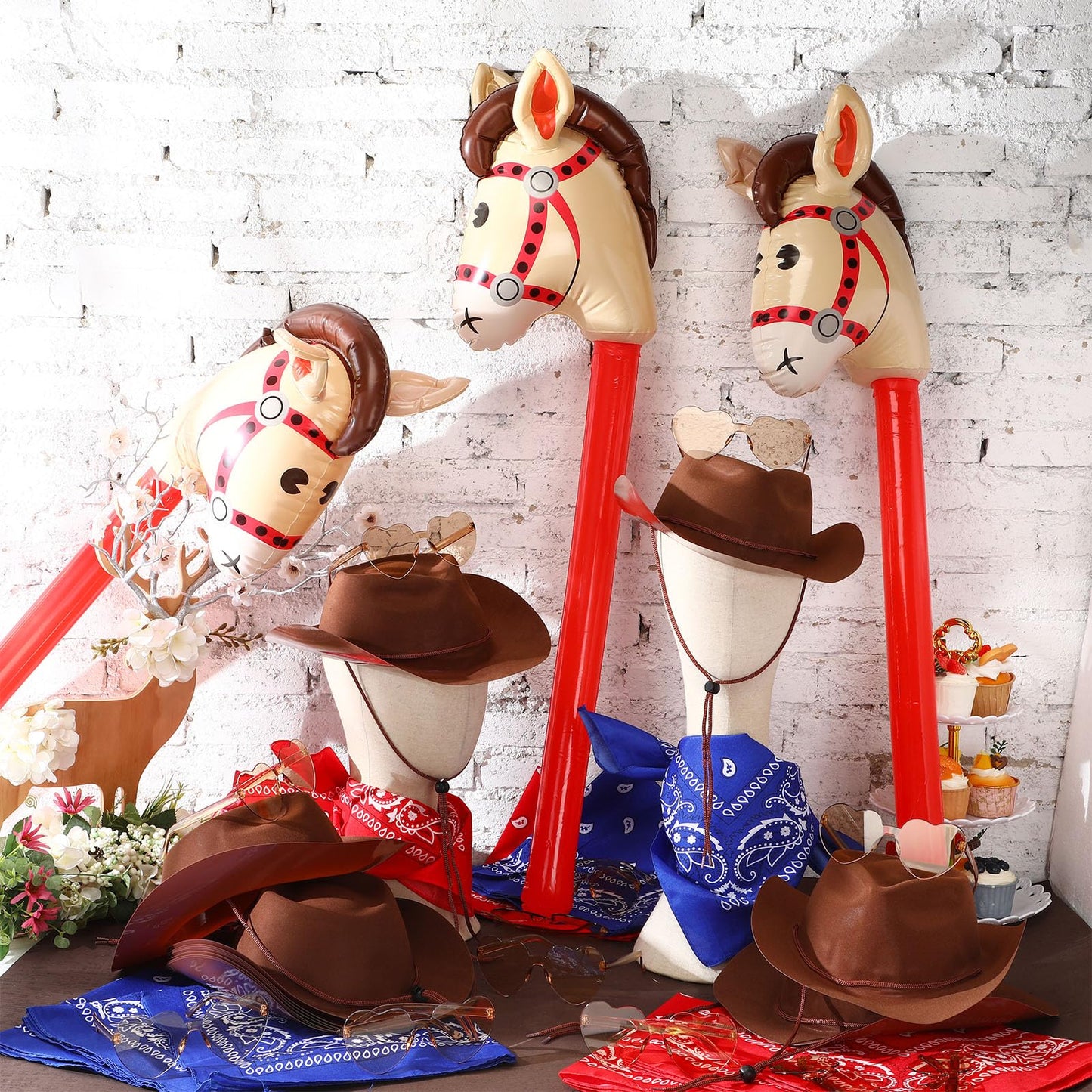 Xtinmee 48 Pcs Kids Cowboy Party Favor with Cowboy Hats Inflatable Stick Horses Bandanas Heart Glasses for Kid Costume(Brown)