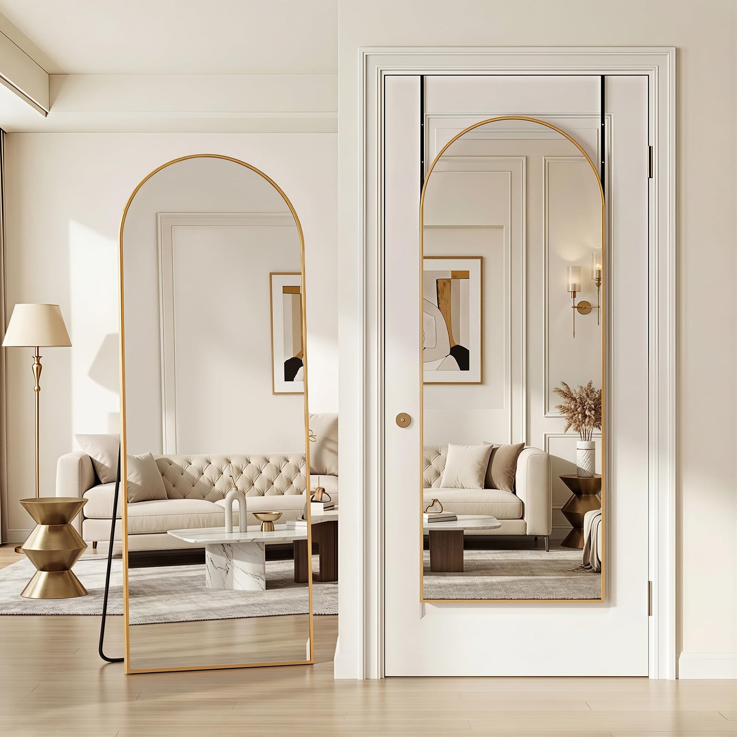 Homsion 58"x20" Over The Door Mirror, Arched Full Length Mirror with Aluminum Frame, Adjustable Hooks, Wall Mounted or Standing for Bedroom Living Room, Gold