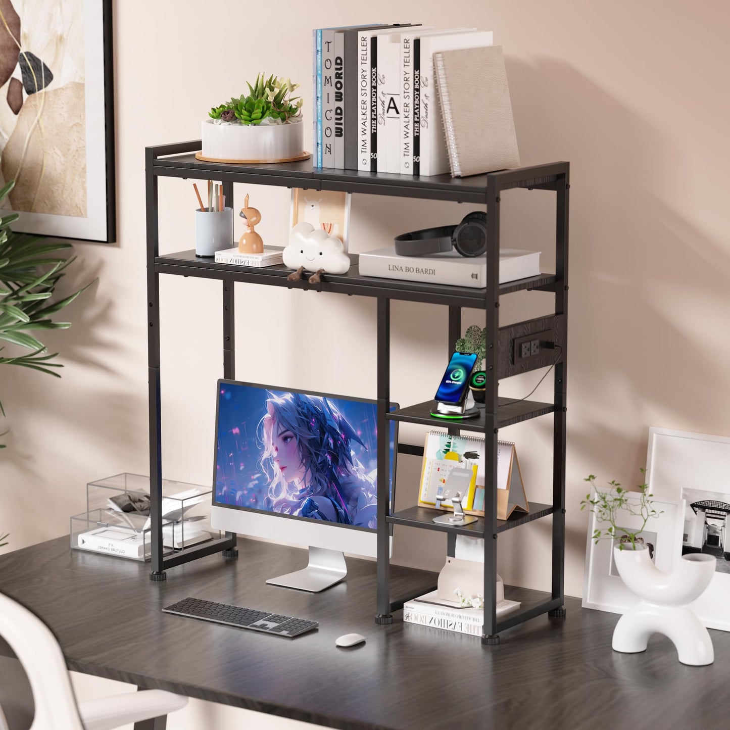 Aetheris Desktop Organizer Shelf, 30" Wooden Office Storage Rack with Outlets, Display Shelf Rack with Light Strip, 5 Tier Desktop Display Rac, Desk Shelf, Desk Hutch for Computer Monitor (Black)