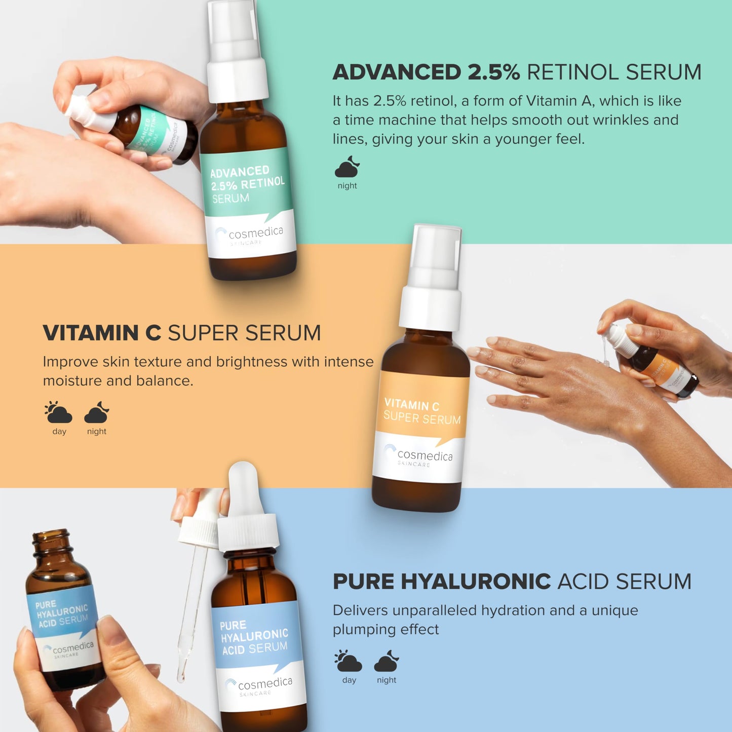 Cosmedica Skincare Facial Serum Trio Set Value for Clear Skin - Vitamin C Super Serum, 2.5% Retinol Serum, Pure Hyaluronic Acid Serum – Vegan, Cruelty-Free Skincare 3 pack