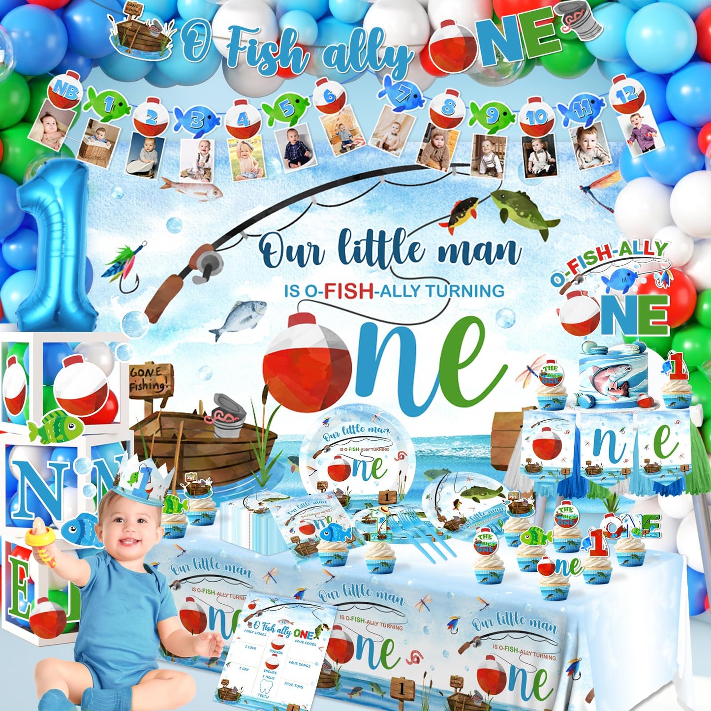241Pcs Ofishally One Birthday Decorations,O Fishally One First Birthday Decorations for Boy, Our Little Man Is Ofishally Turning Theme Tableware Photo Banner Balloon Arch Backdrop Cake Topper