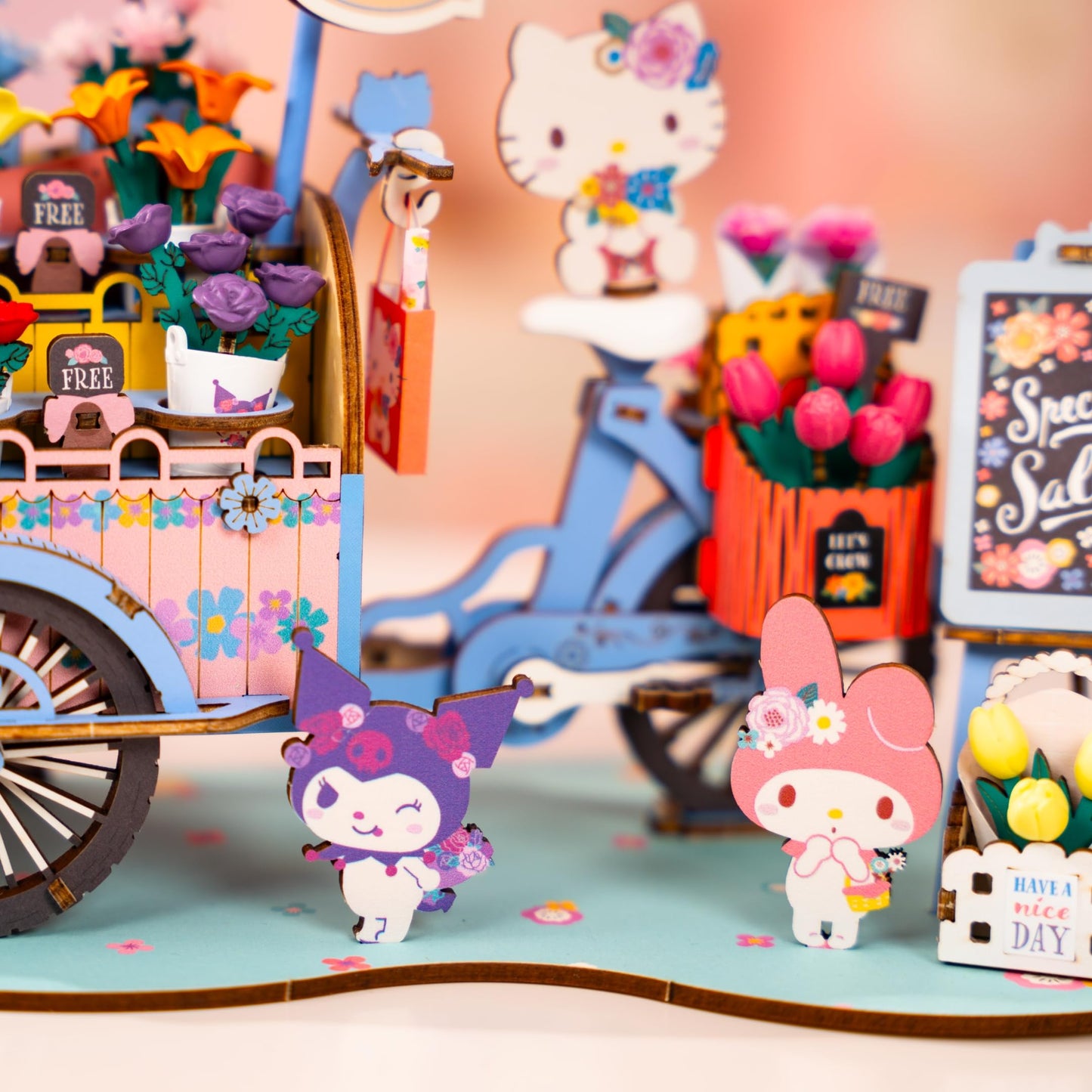 Hands Craft Hello Kitty And Friends Flower Cart 3D Wooden Puzzle Kit | DIY Floral Model | Arts & Crafts for Adults & Kids | Creative Hobby Kits | Hello Kitty Characters | Wood Building Set | Nice Gift