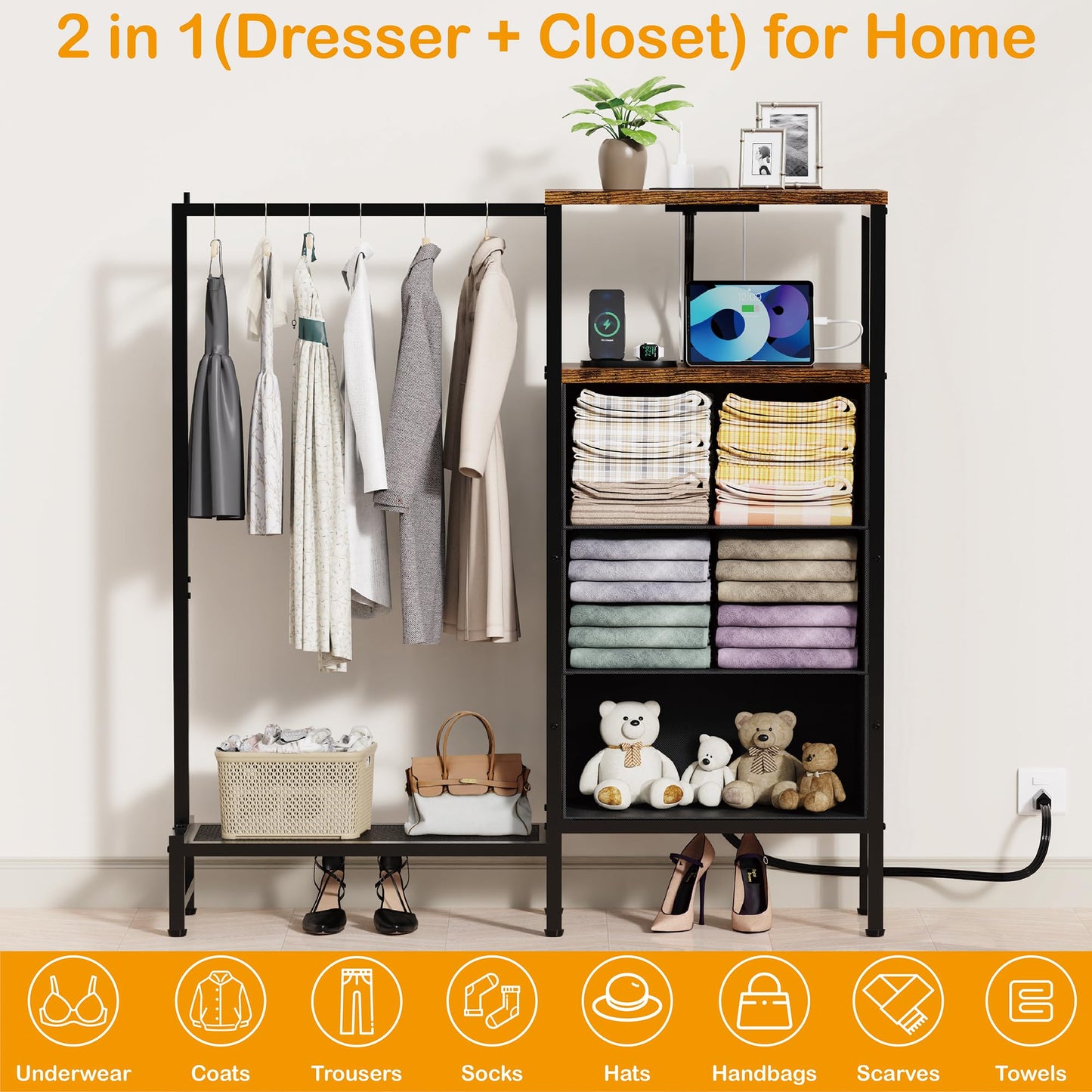 ZHNSYDN Dresser for Bedroom with Hanging Rack, 3 Drawers Closet with Charging Station, Fabric Chest of Drawers with Clothes Rack, Storage Organzier for Hallway Entryway, Brown