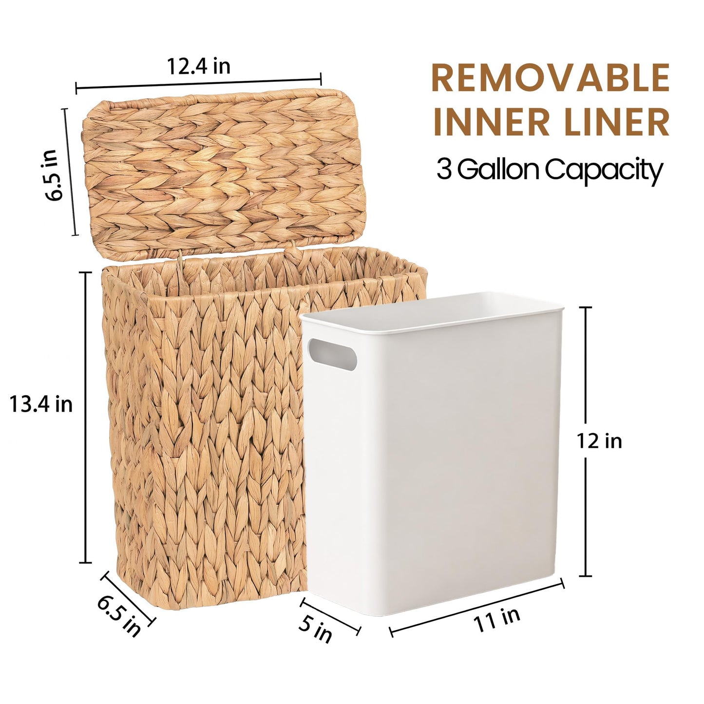 Felthrith Wicker Trash Can,3 Gallon Bathroom Trash Can with Lid,Handwoven Water Hyacinth Rattan Waste Basket with Removable Liner and Built-in Handles for Bedroom,Toilet,Narrow Spaces