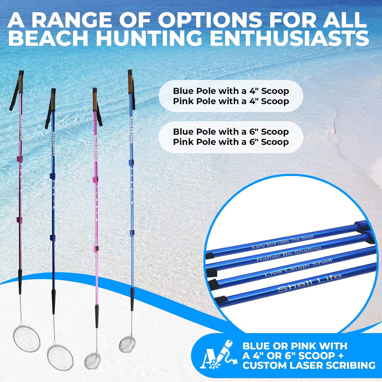 Sand Dipper Full Size Beach Scoop Shovel & Sifter Tool for Beachcombing – Adjustable Sea Glass, Shell, Shark Tooth Sifter for the Beach – Can Be Used as a Walking or Hiking Stick Too – Blue, 4” Basket