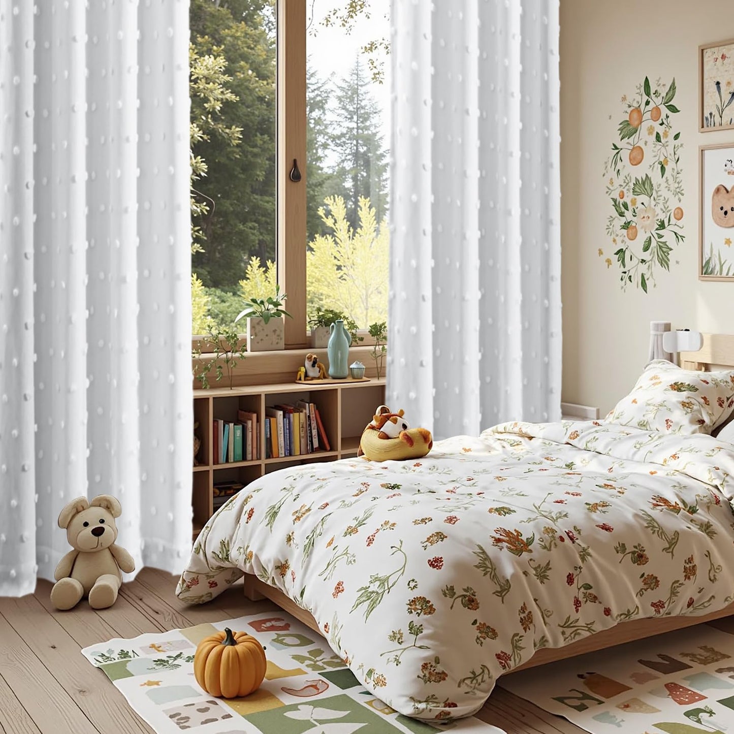 MYSKY HOME White Blackout Curtains for Bedroom 84 Inches Long 100% Light Blocking Drapes for Girls Kids Room Pom Pom Sheer Thermal Insulated Room Darkening Window Panels Back Tab Set of 2, 52W x 84L