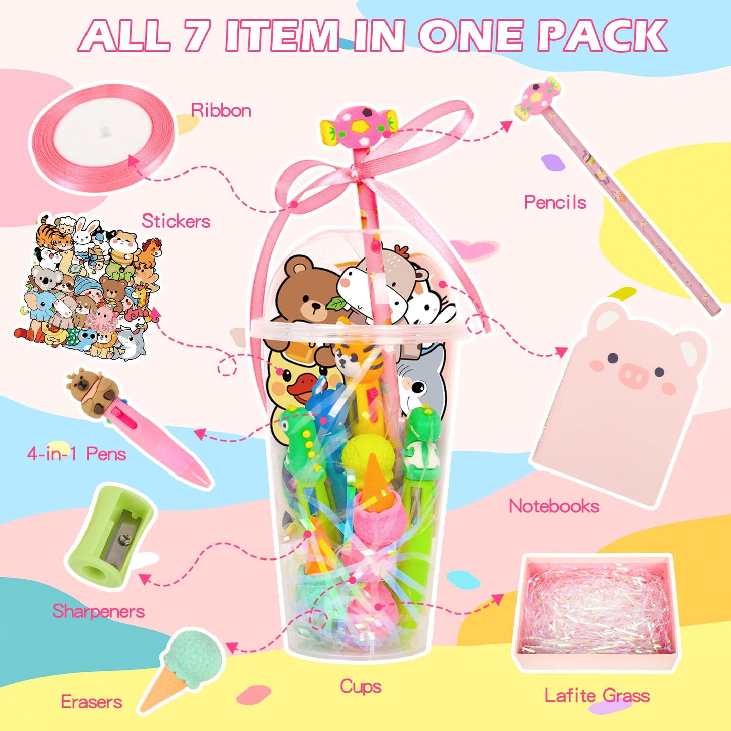 LiYiQ 24 Set 247-Piece Stationery Set for Student Rewards, Pencil Erasers Notebook Stickers for Classroom Party Goodie Bags and Prizes