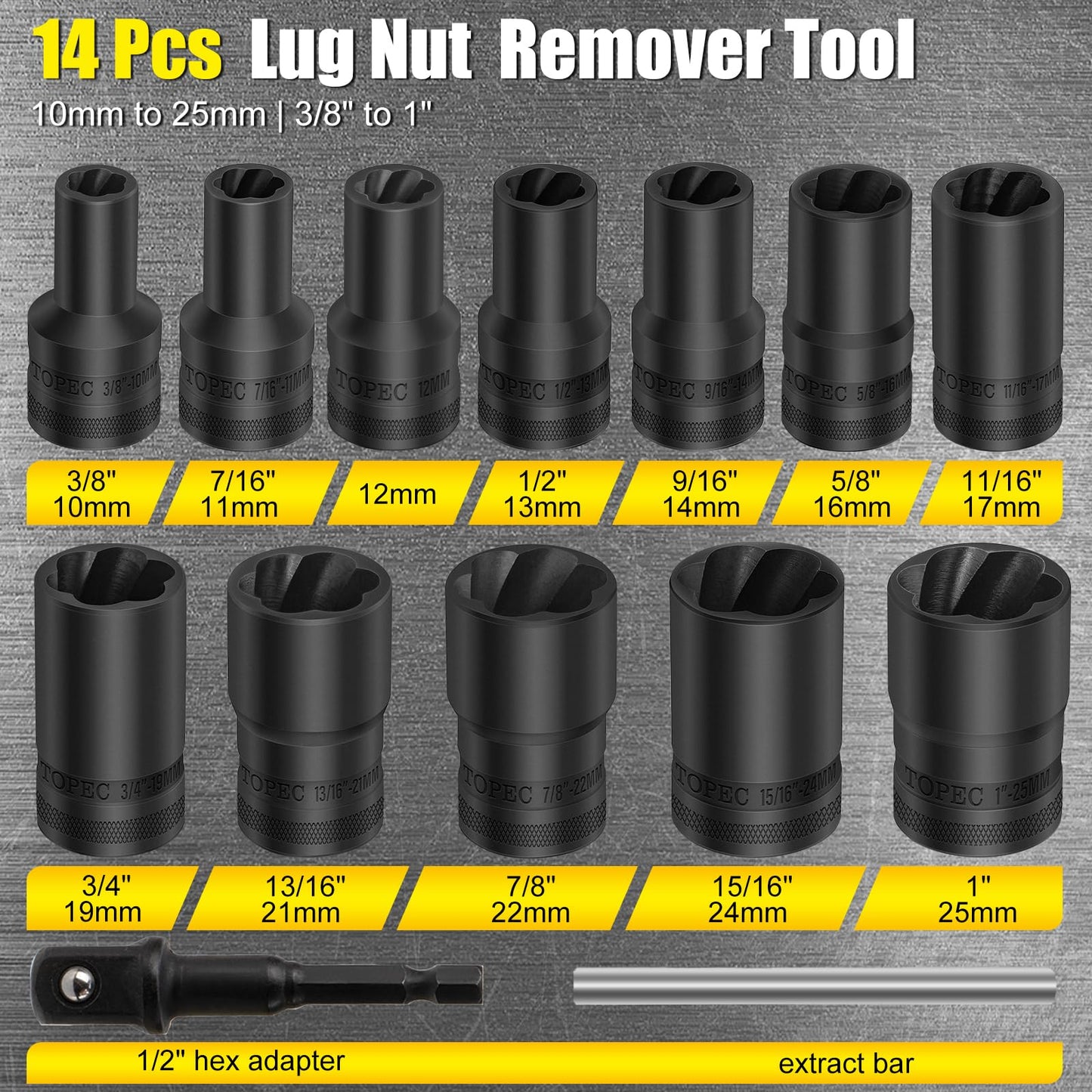 Topec 14PCS Lug Nut Removal Tool, 1/2" Drive Lug Nut Extractor Set, 10-25mm Stripped Lug Nut Remover Socket, Wheel Lock Removal Kit for Damaged, Rusted, Rounded Bolts, Tire Lug Nuts