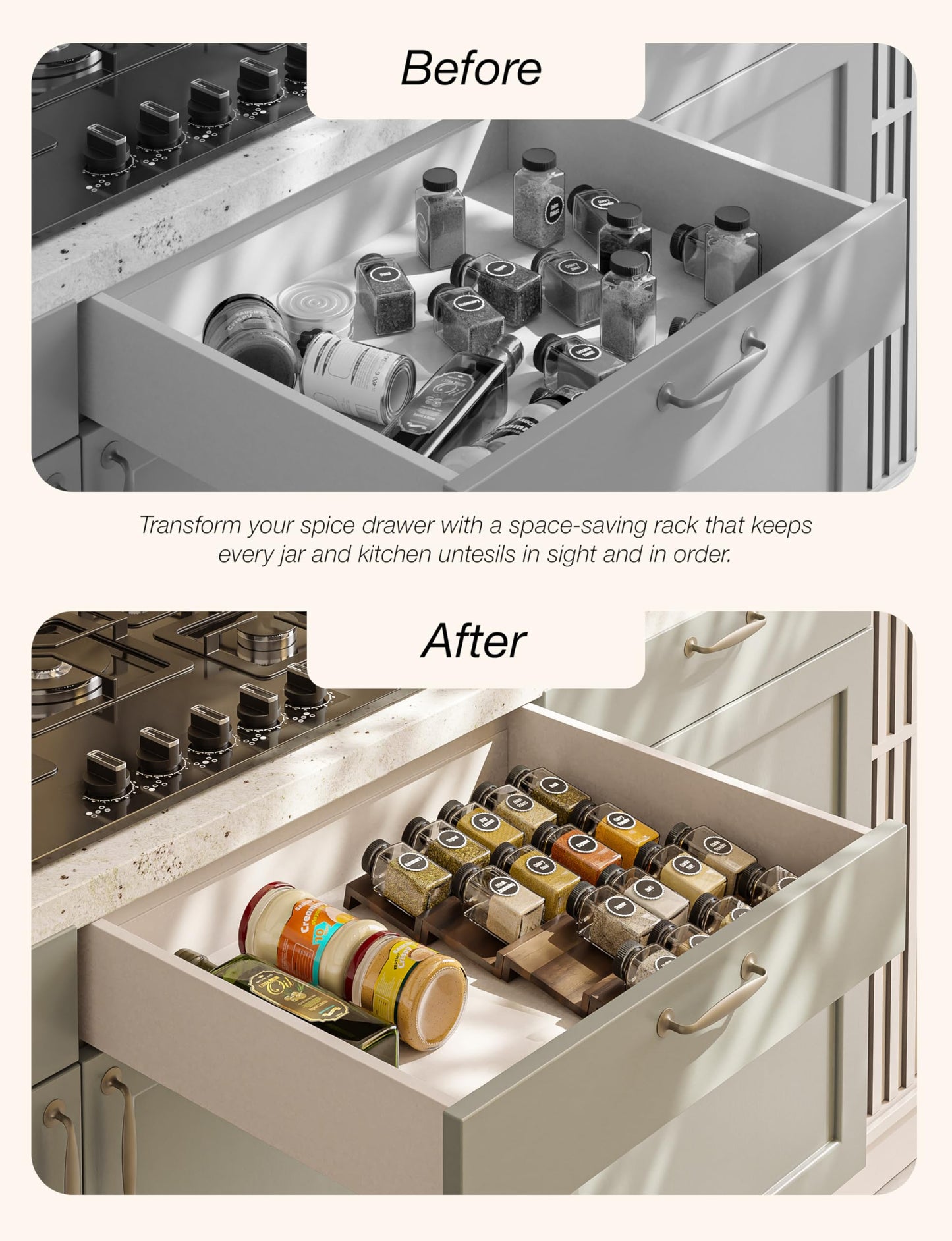 Tinamo Acacia Wooden Spice Rack Organizer for Cabinet - Spice Drawer Insert, Spice Organization for Cabinet, Seasoning Organizer, Spice Holder Pack of 8 (Walnut, Pack 8)
