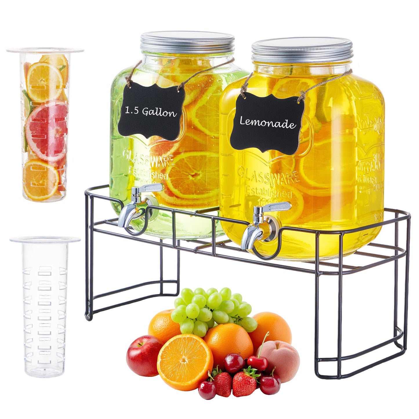 1.5 Gallon Glass Drink Dispensers for Parties, 2PACK Beverage Dispenser with Stand, Ice Cylinder and Stainless Steel Spigot 100% Leakproof, Beverage Dispenser for Lemonade Sun Tea