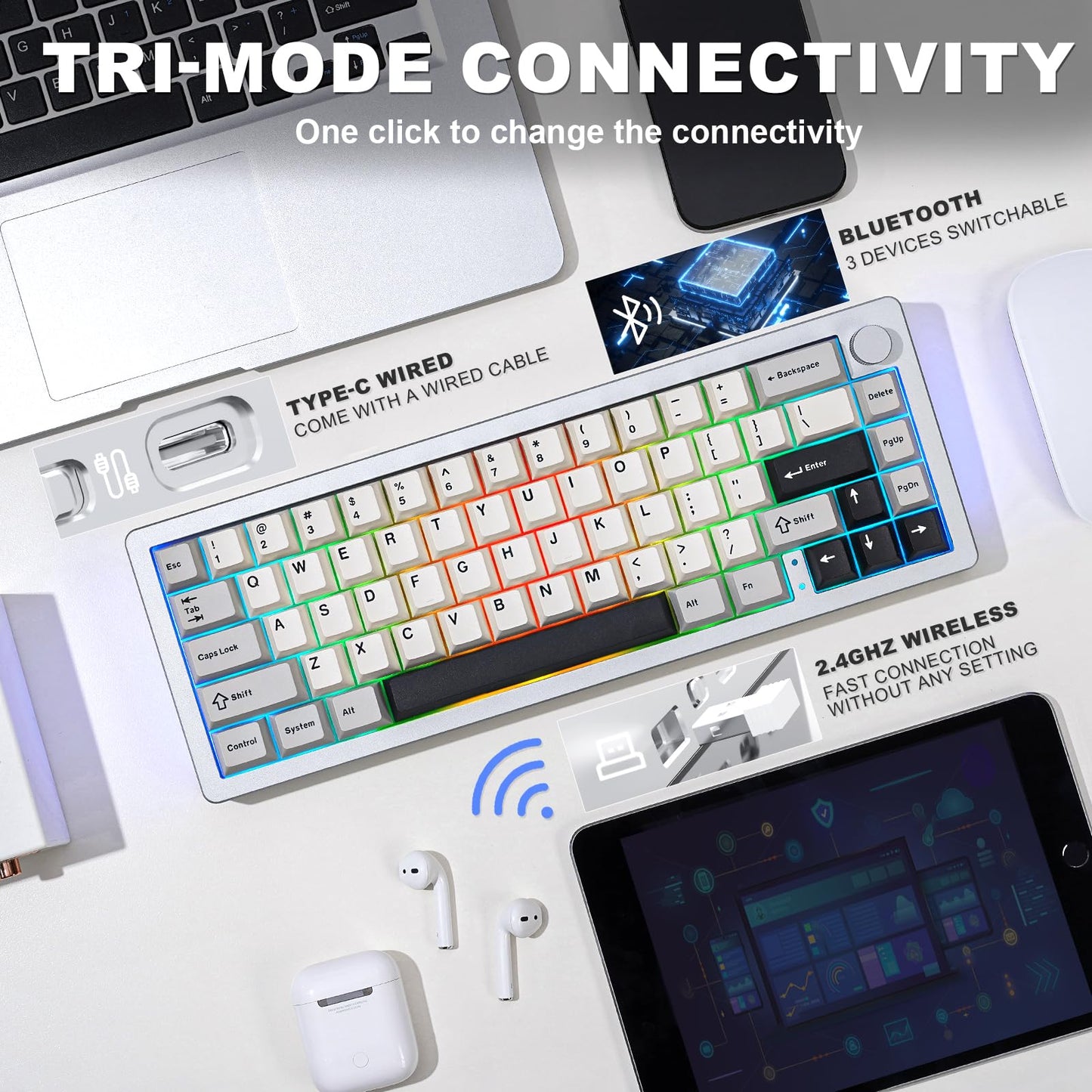 YUNZII AL66 Wireless Mechanical Keyboard,65% Knob Control Aluminum Gaming Keyboard BT/2.4G/Wired Hot Swappable Pre-lubed Switches, Gasket Mounted RGB Keyboard for Win/Mac(Milk Switch, Silver)