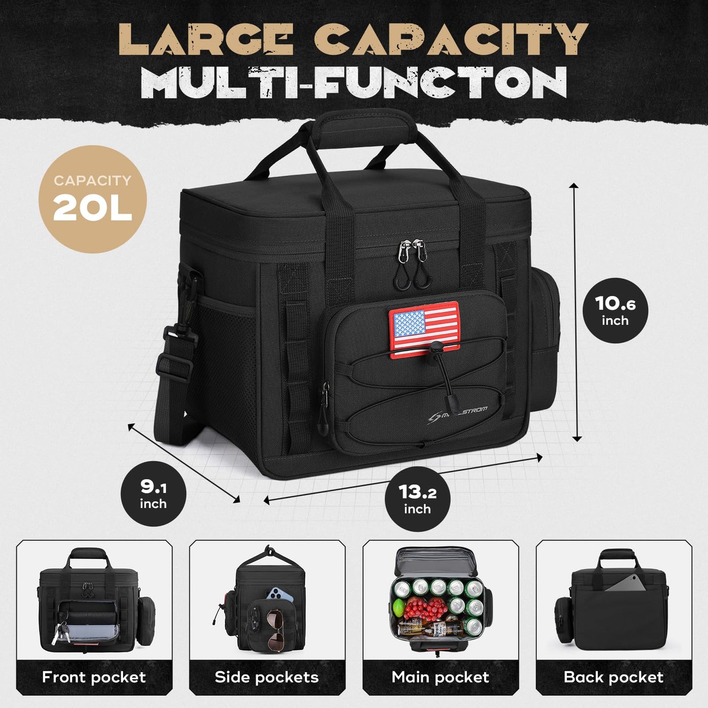 Maelstrom Large Tactical Lunch Box for Men,Insulated Lunch Bag, Durable Leakproof Cooler Bags with Detachable MOLLE Bag,Modern Lunch Tote for Adult Women Work,Picnic,30 Cans/20 L, Black
