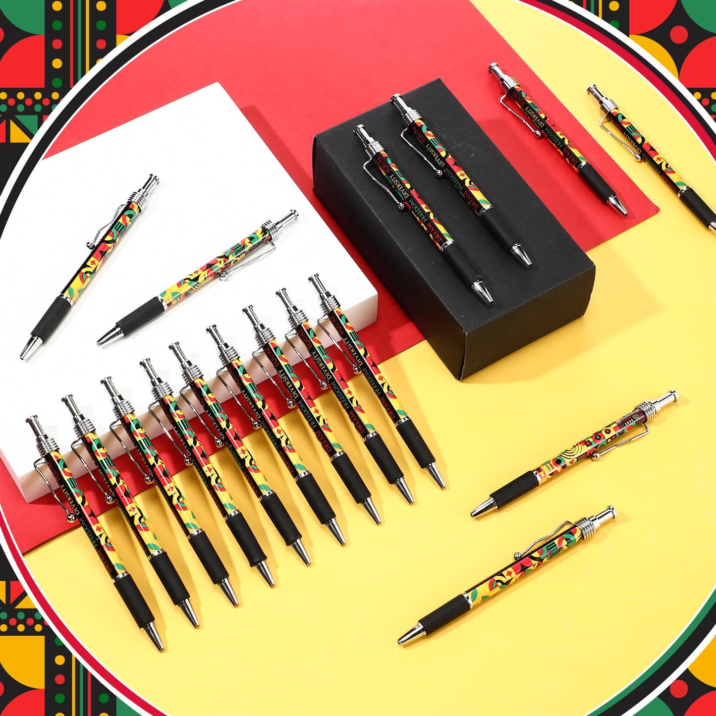 Sayglossy 200 Pcs Juneteenth Gift Bulk Happy Juneteenth Day Ballpoint Pens Freedom Day Independence Theme Ballpoint Pens for Party Supplies Favors Festival Decoration (Geometric Pattern)