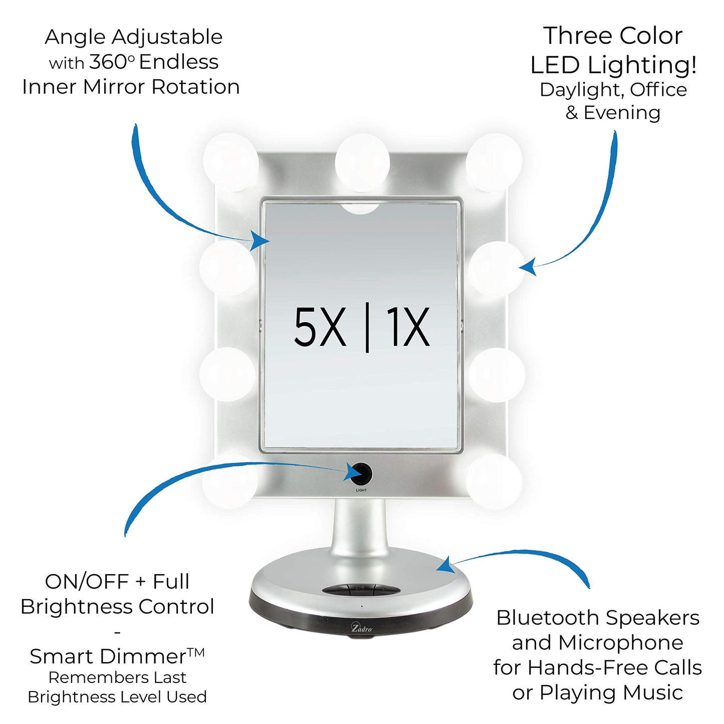 Zadro Melrose LED Variable 3-Color Lighted Dual-Sided 5X/1X Magnification Bluetooth Vanity Beauty Makeup Hollywood-Style Mirror, Satin Nickel